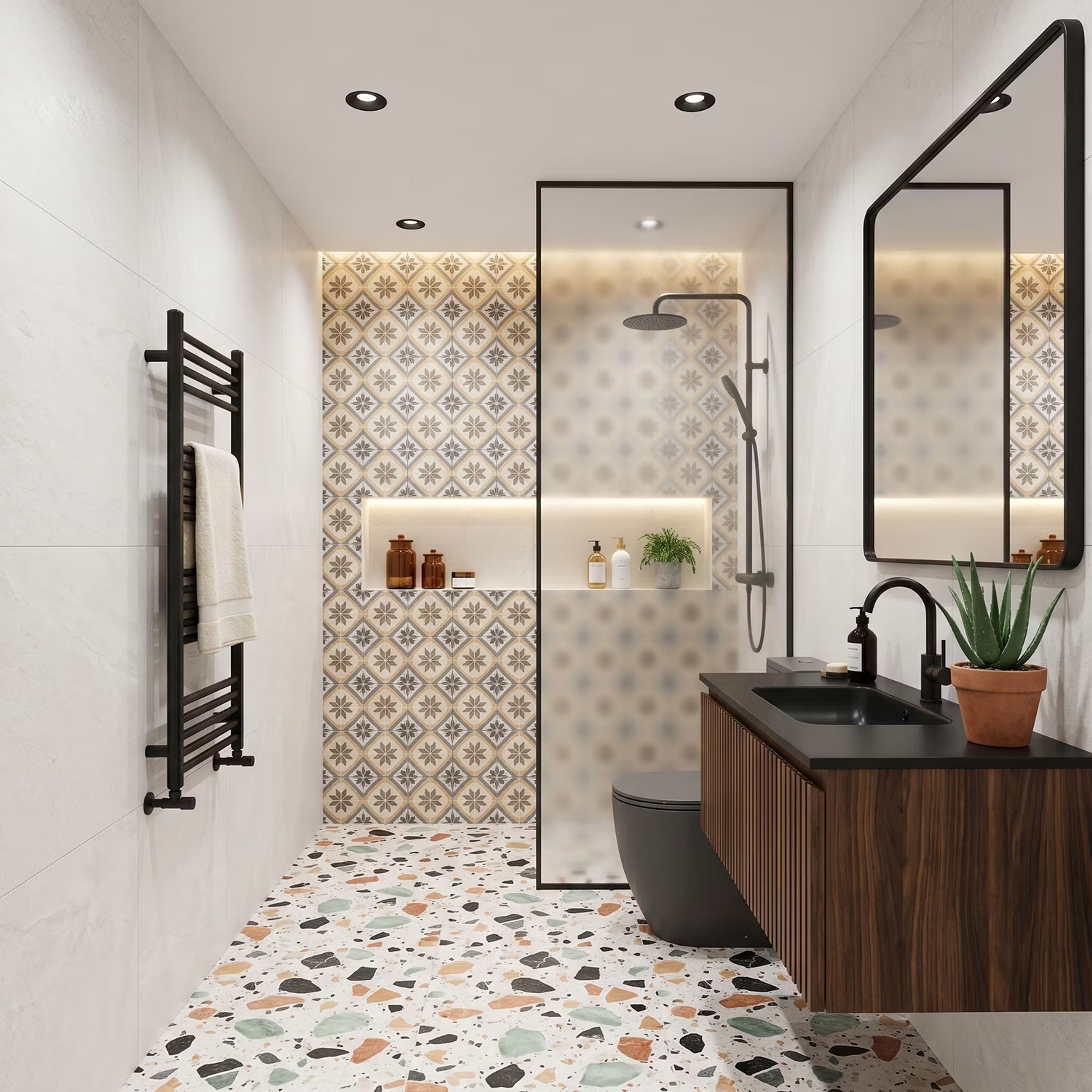 Contemporary Bathroom Design with Terrazzo Floor and Geometric Shower Feature Tiles