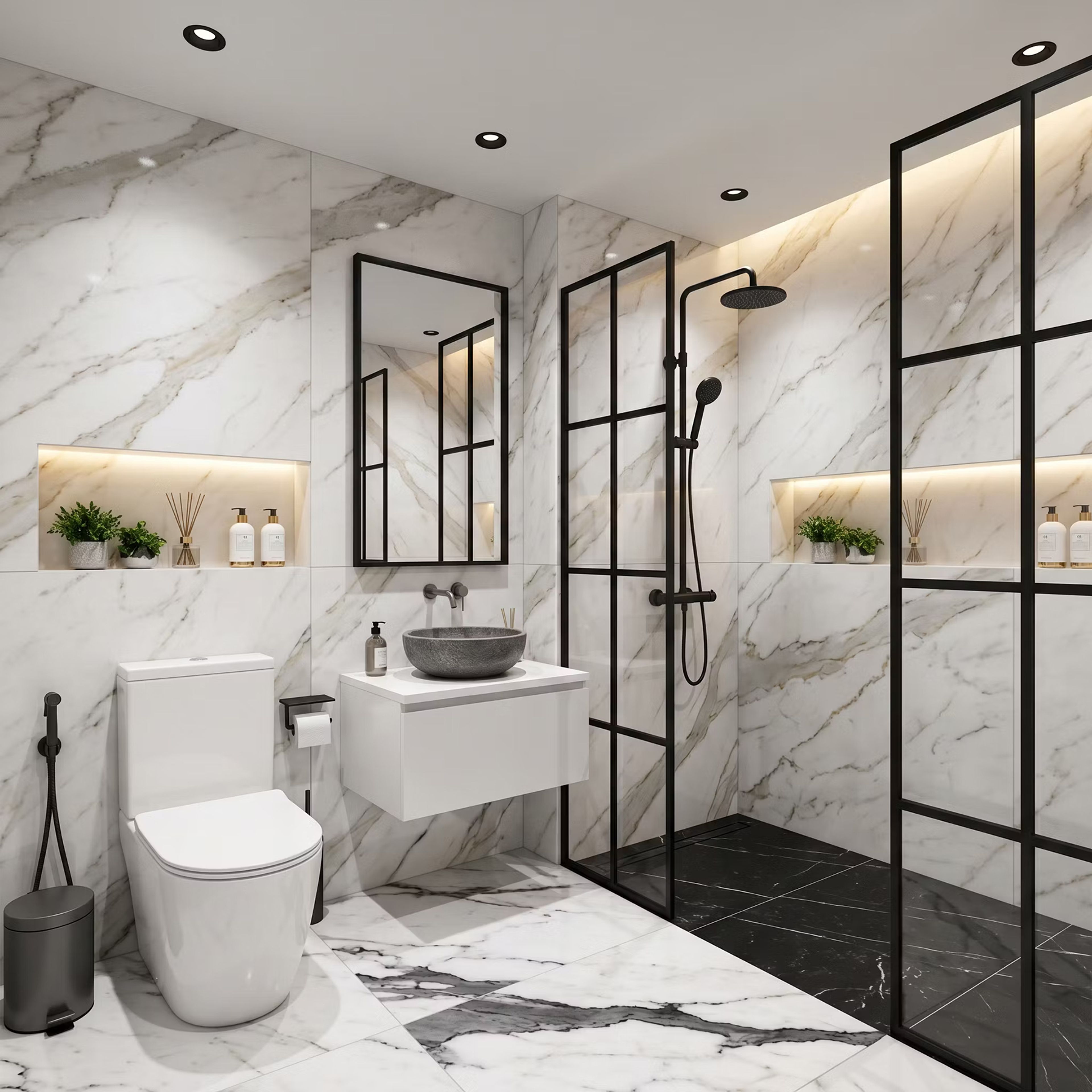 Industrial Bathroom Design with White Marble Walls and Backlit Recessed Niches