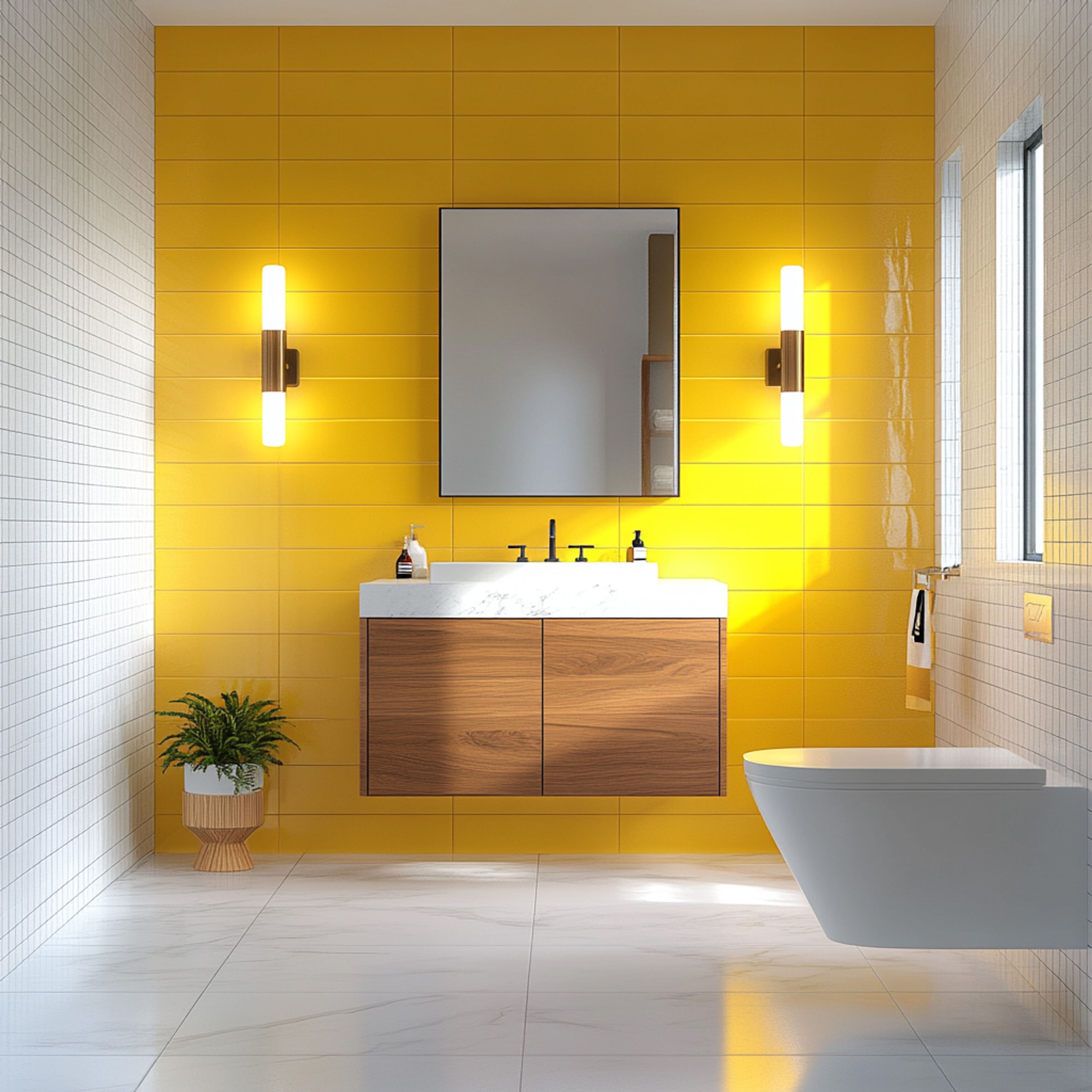 Contemporary Bathroom Design with Yellow Accent Wall Tile