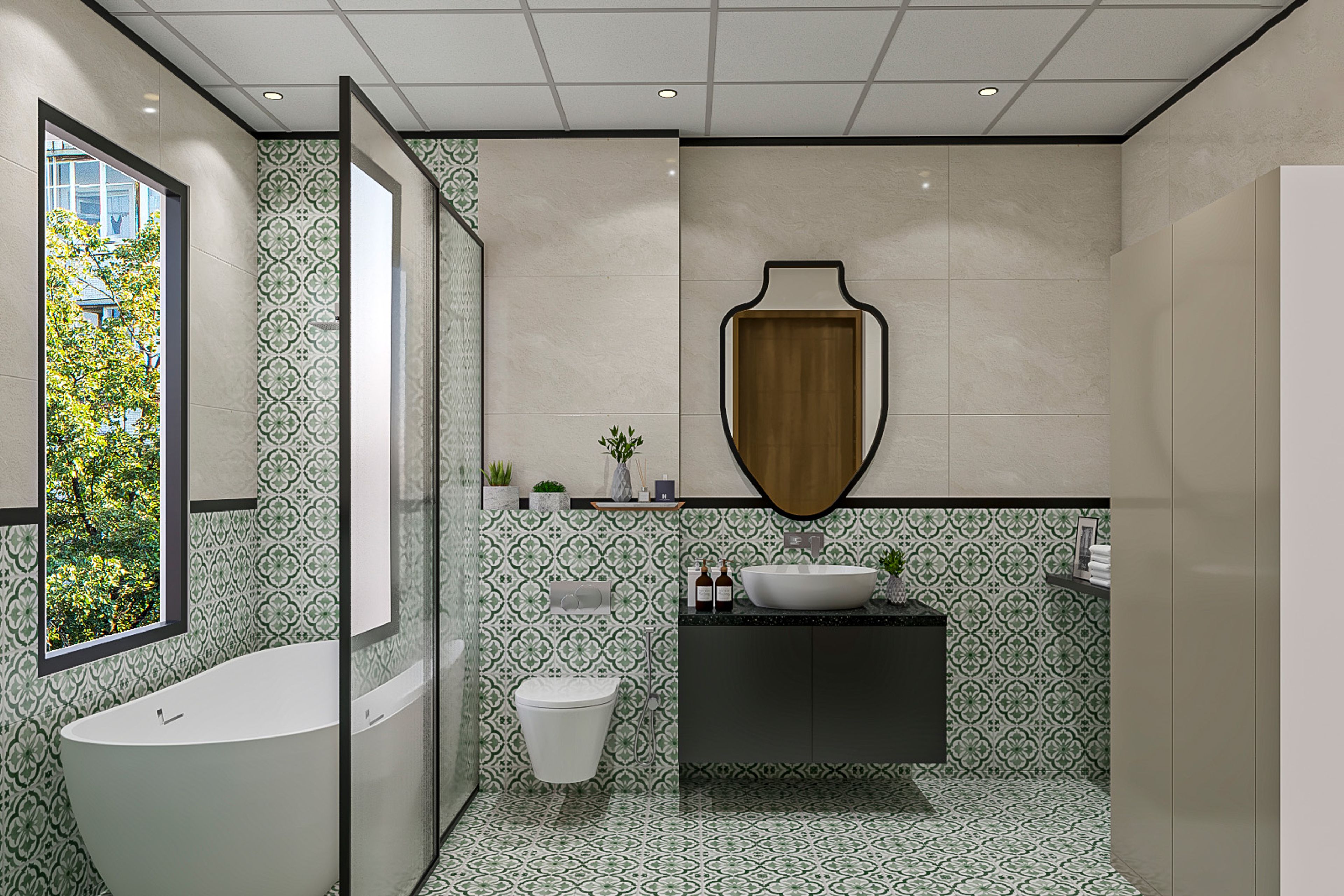 Green, Beige and White Modern Bathroom Design with Patterned Tiles
