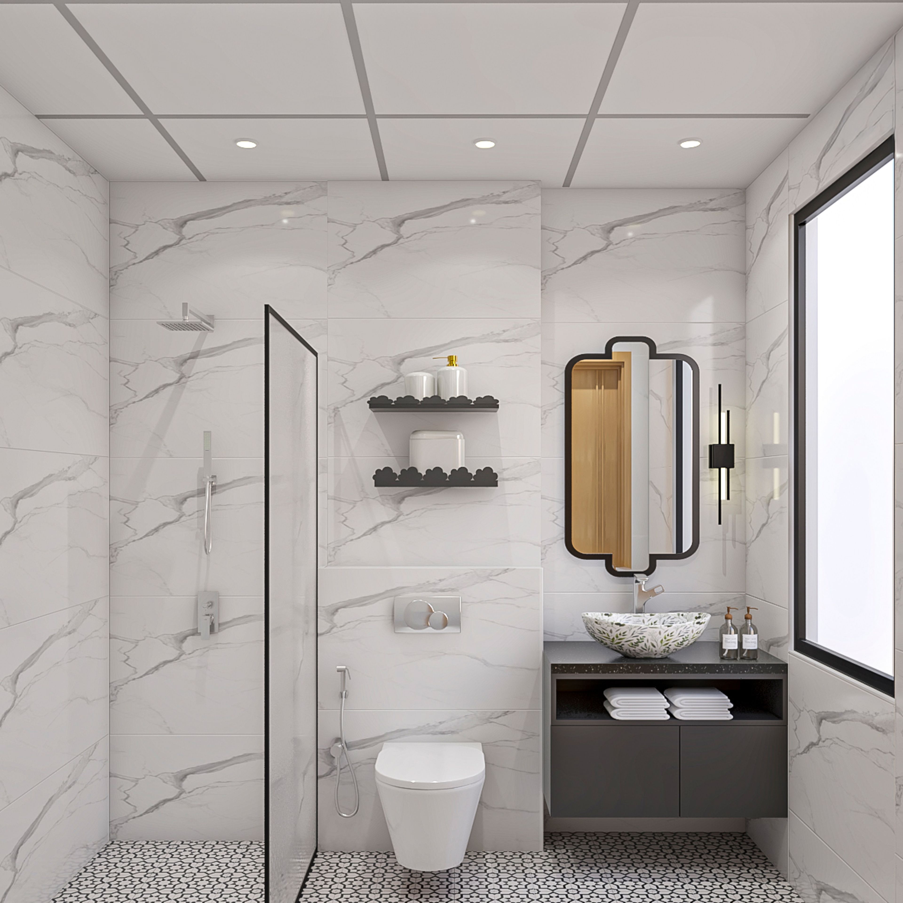 Modern Bathroom Design with Granite Vanity and Irregular Shaped Mirror