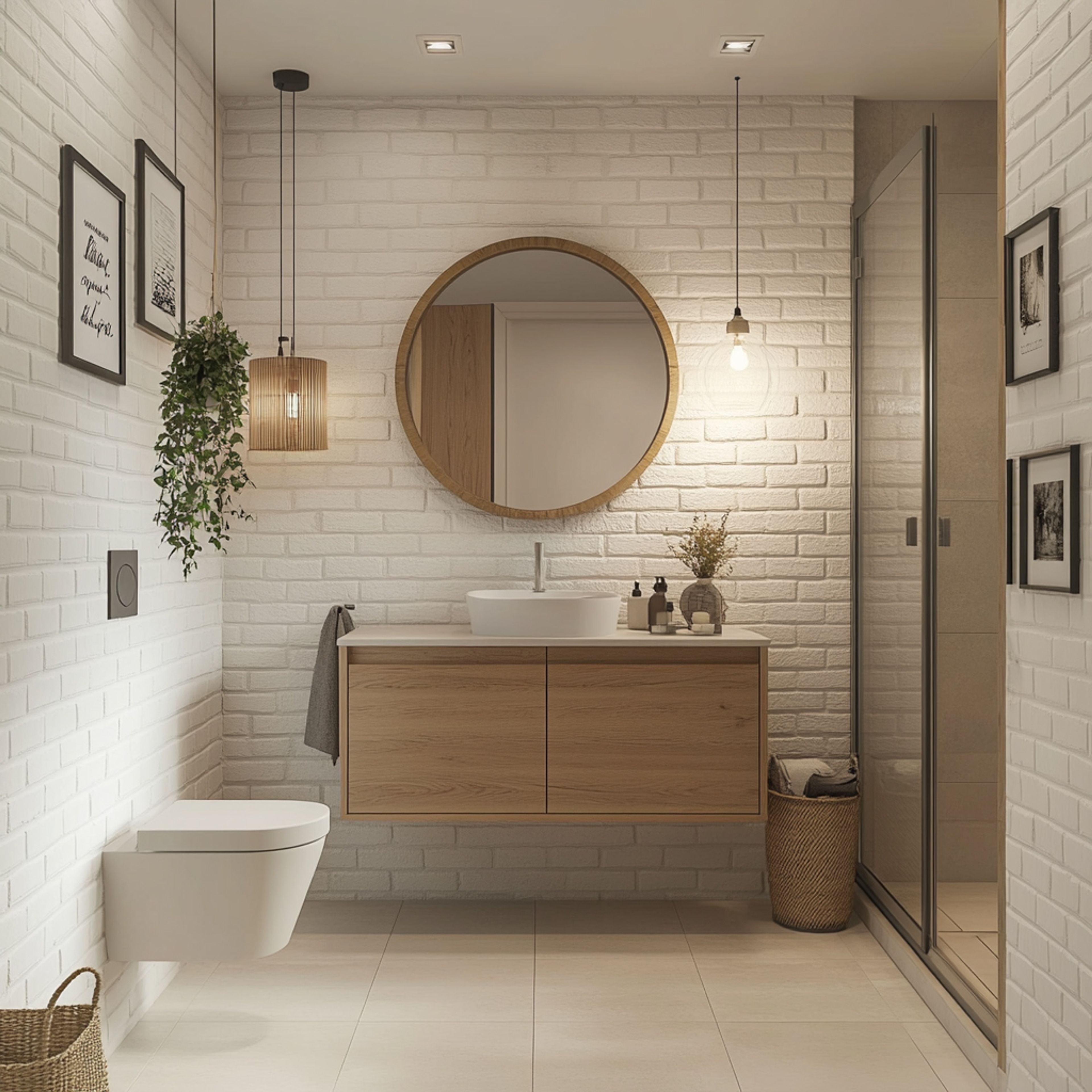 Scandinavian Bathroom Design with Round Mirror and Warm Beige Accents