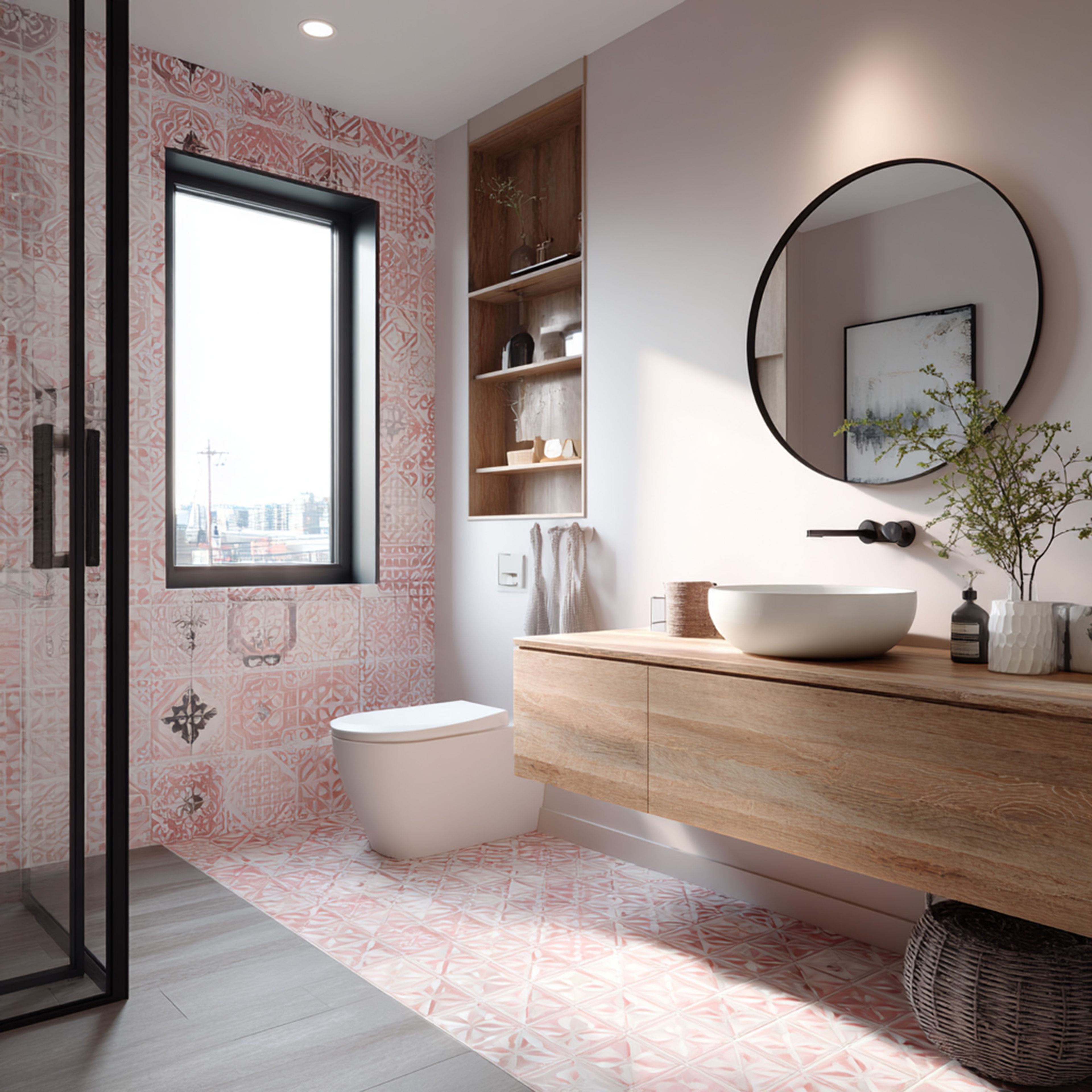 Modern Coral Pink Bathroom Design with Patterned Tiles and Open Vanity