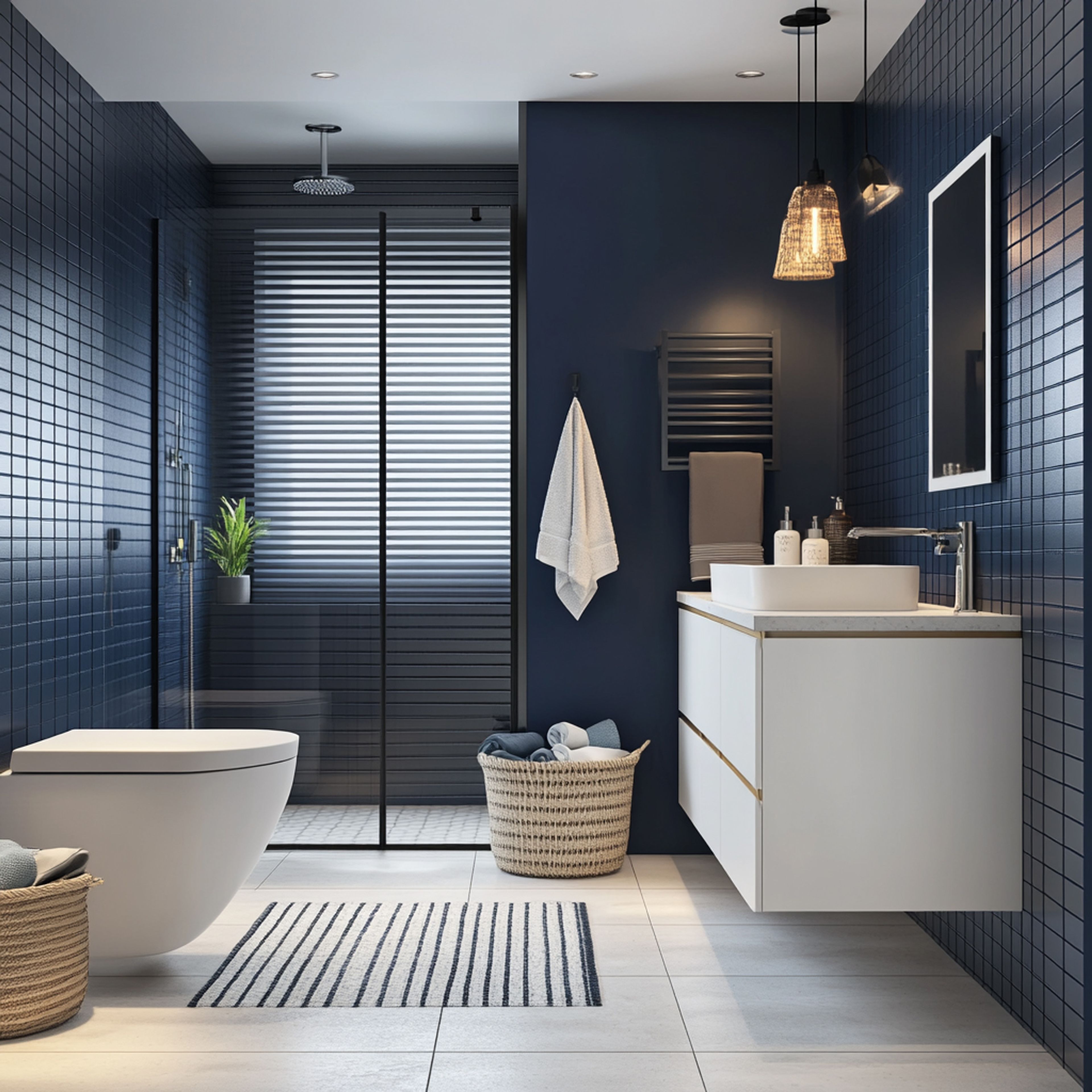 Modern Bathroom Design with Navy Blue Accent Wall Tile