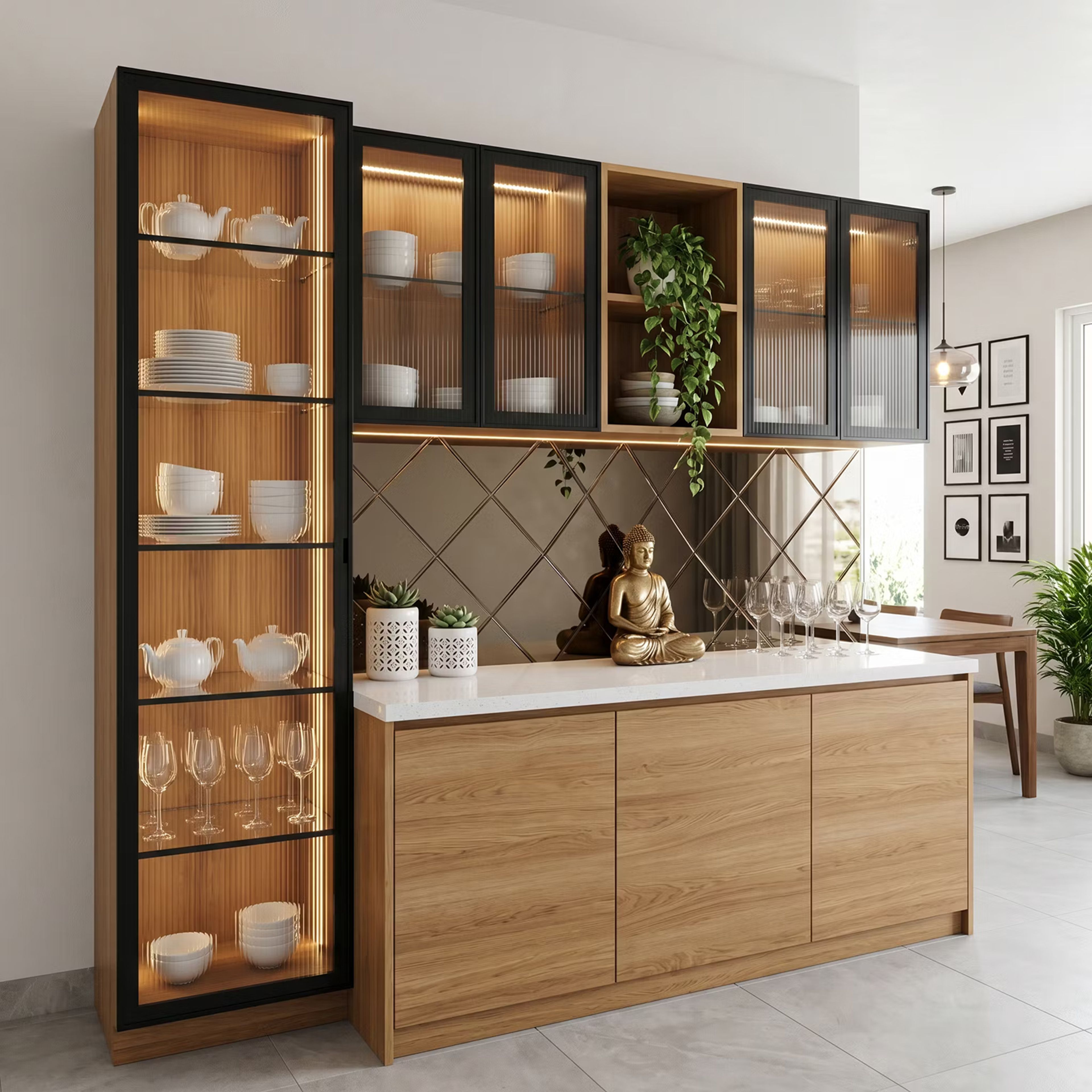 Contemporary Crockery Unit Design with Tiepolo Finish and Fluted Glass Cabinets