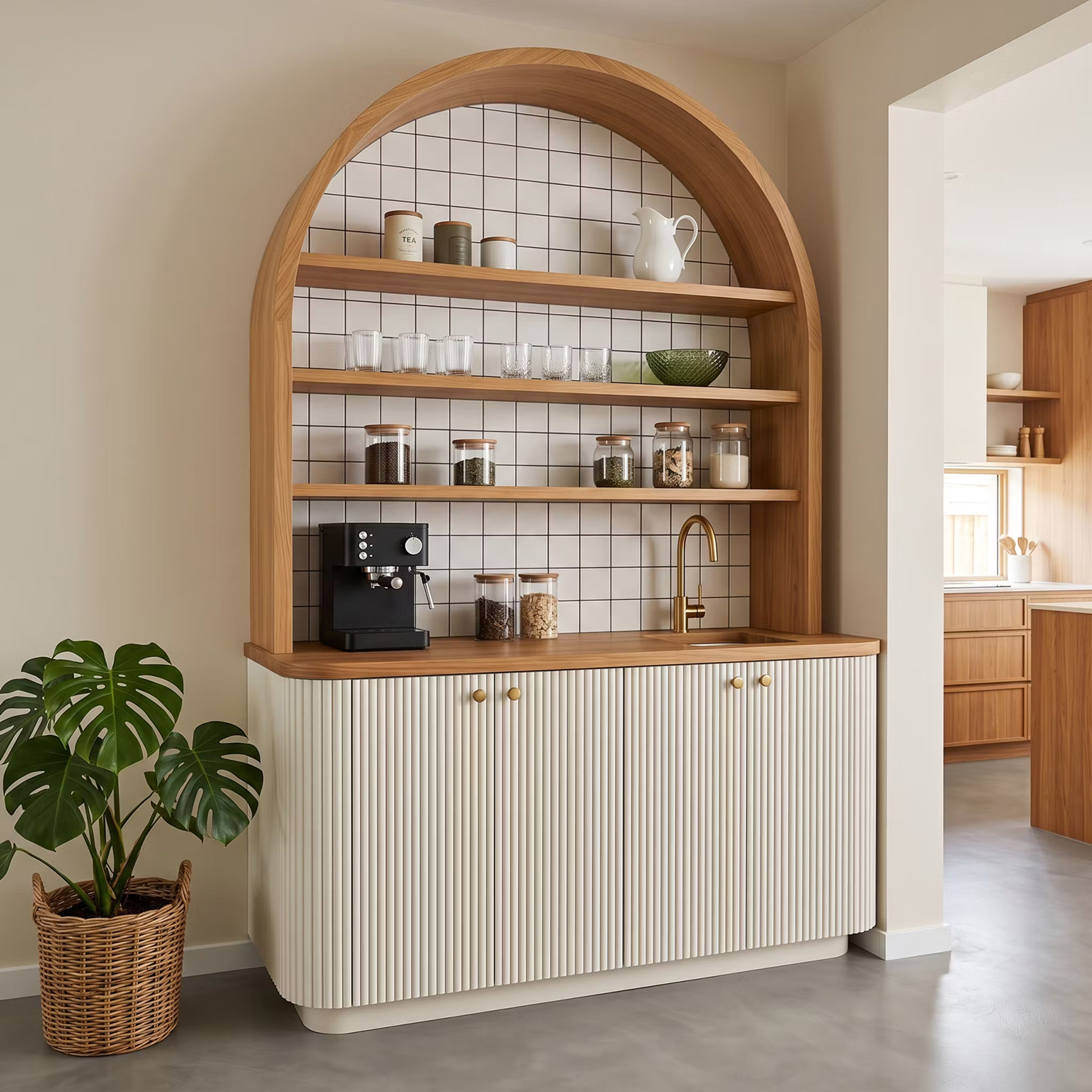 Contemporary Crockery Unit Design with Grey and Open Arch Shelves