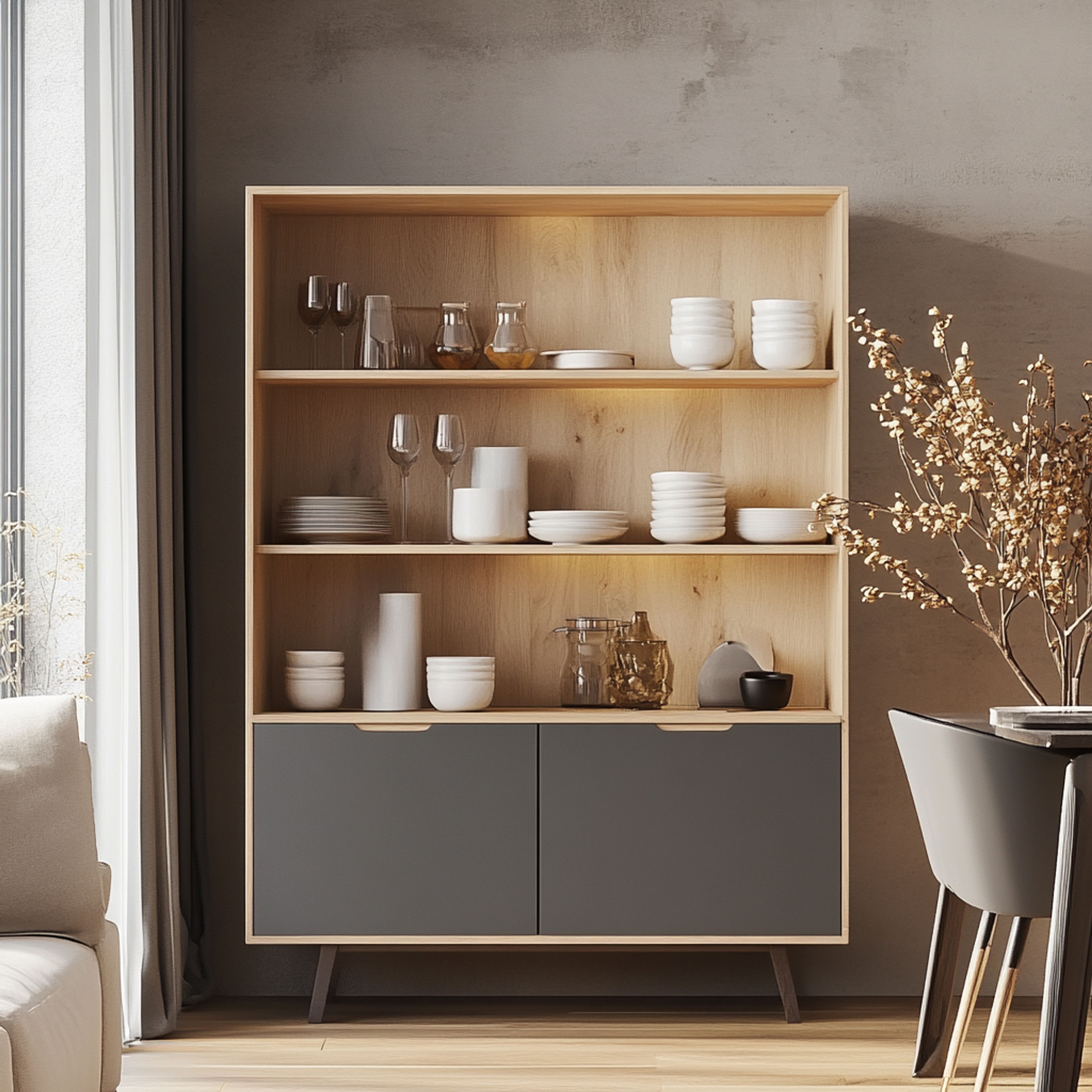 Scandinavian Crockery Unit Design in Light Oak and Charcoal Grey Finish