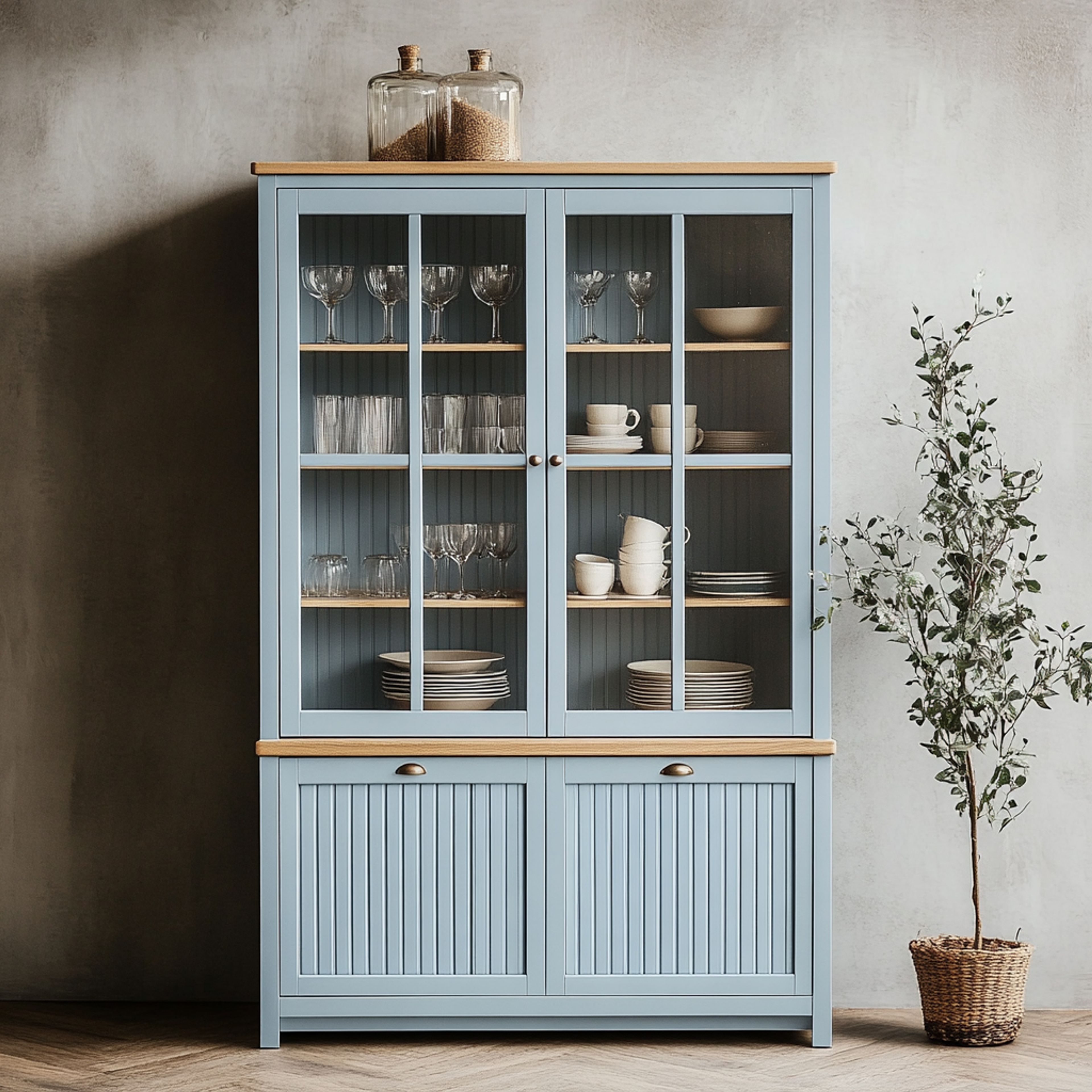 Powder Blue Farmhouse Crockery Unit Design with Glass-Front Display