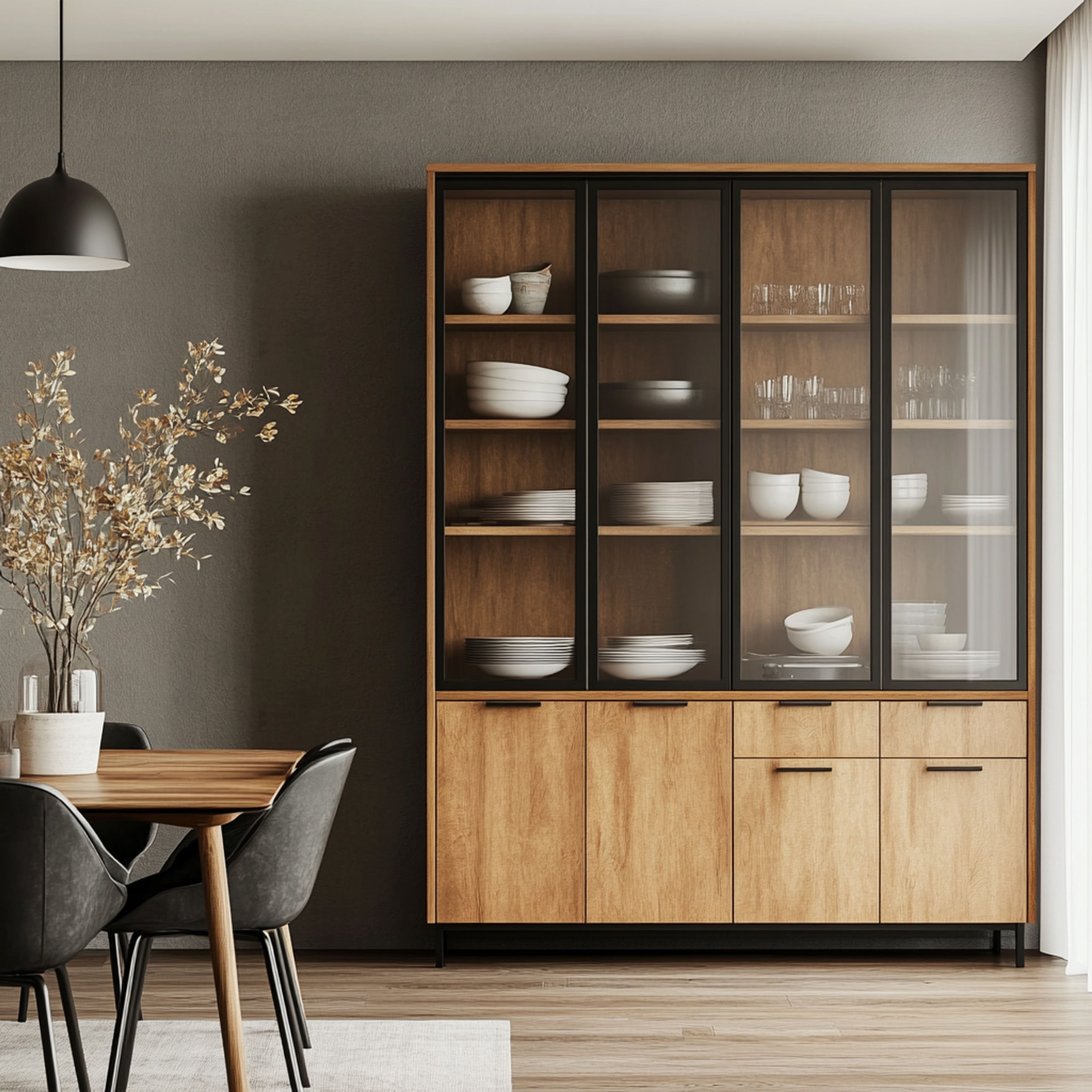 Contemporary Oak Crockery Unit Design with Glass Display Cabinets
