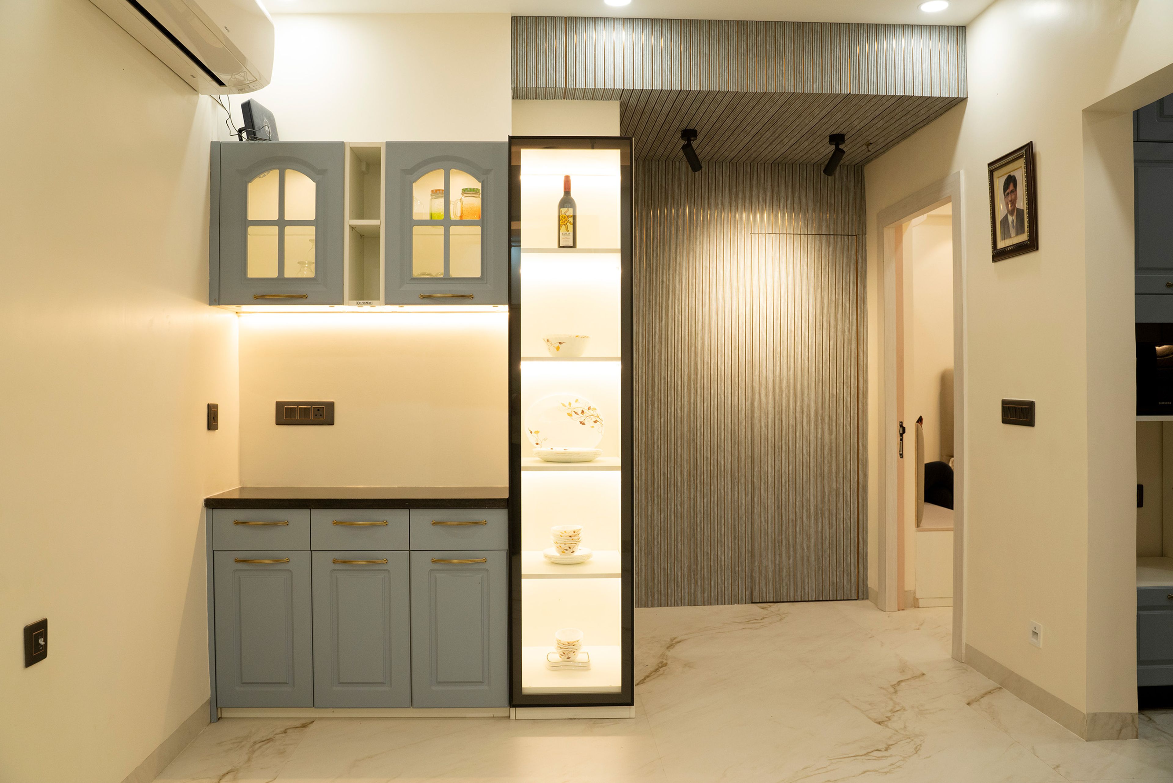 Classic Crockery Unit Design with Suedette and Illuminated Display Shelves