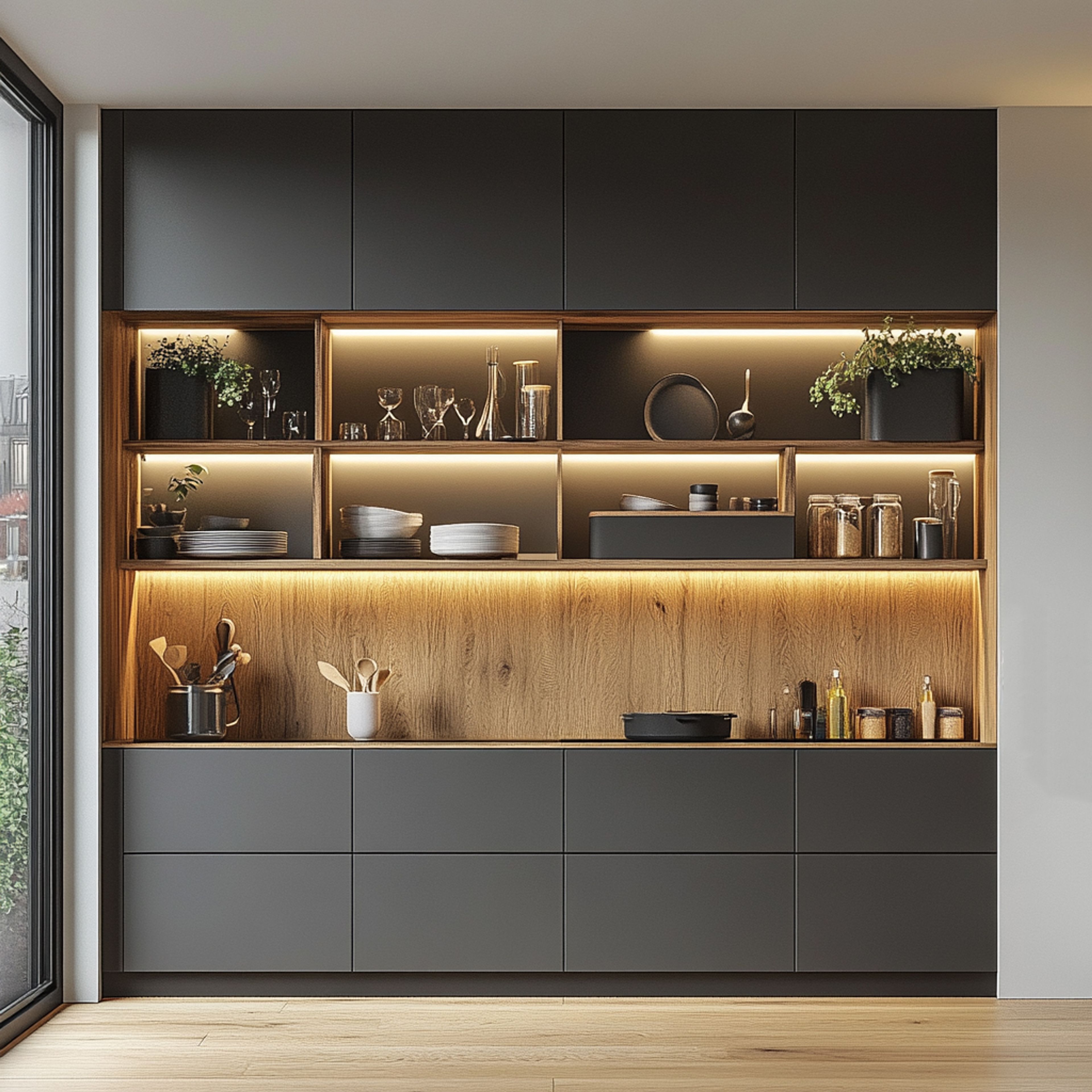 Modern Crockery Unit Design with Charcoal Grey and Wood Finish