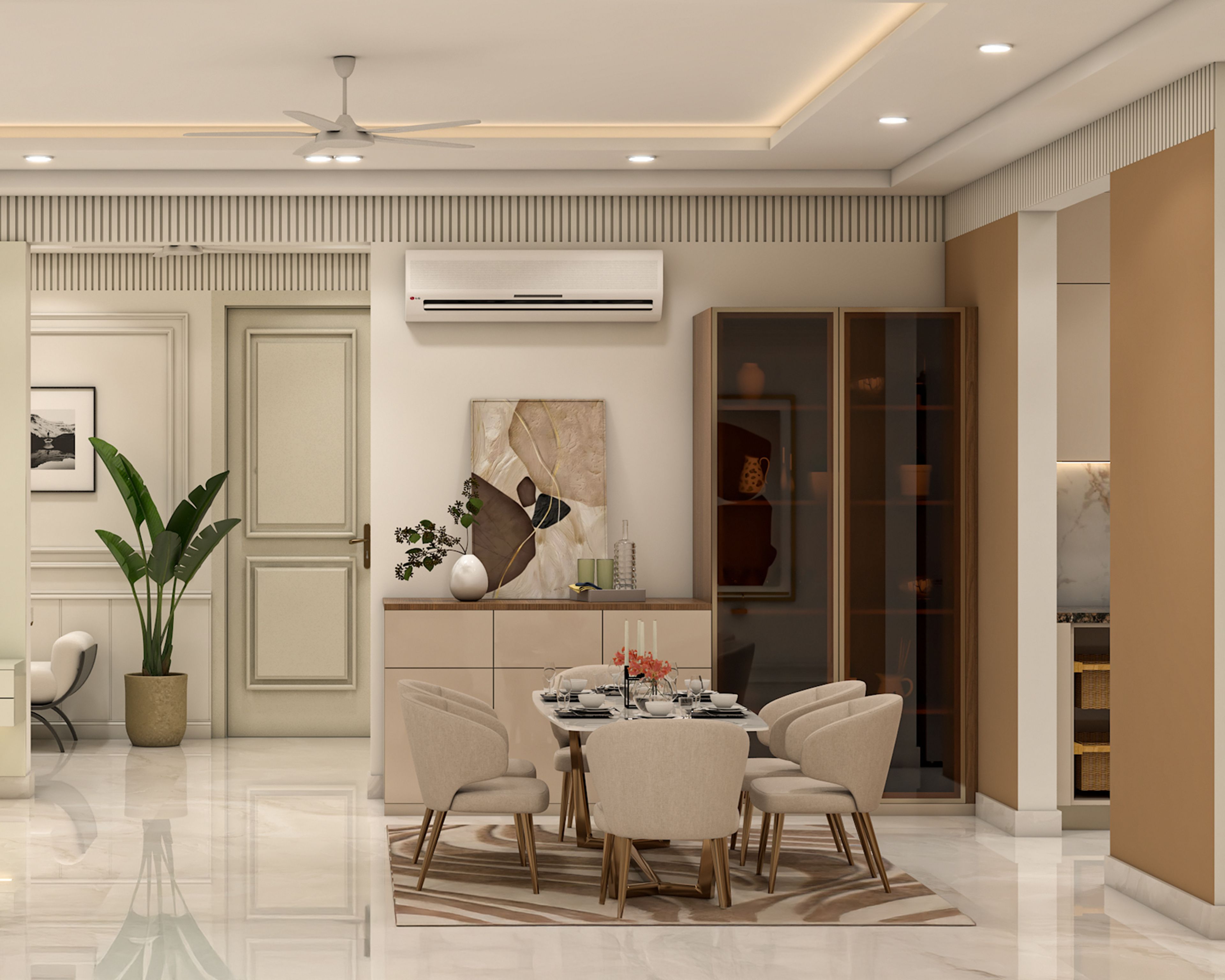 Traditional Dining Room Design with White Marble and Beige Chairs