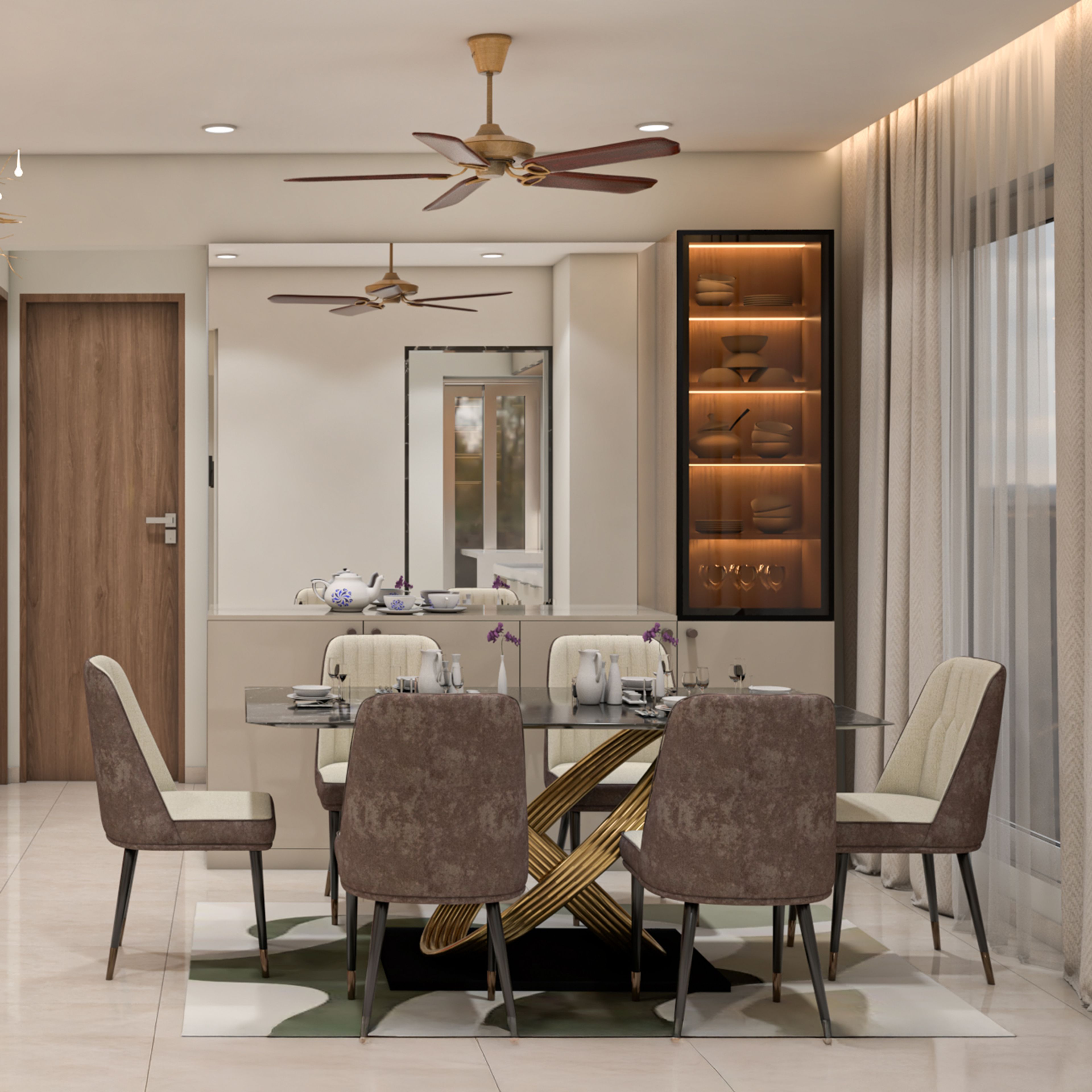 Modern Dining Room Design with Dark Marble and Gold Sculptural Table