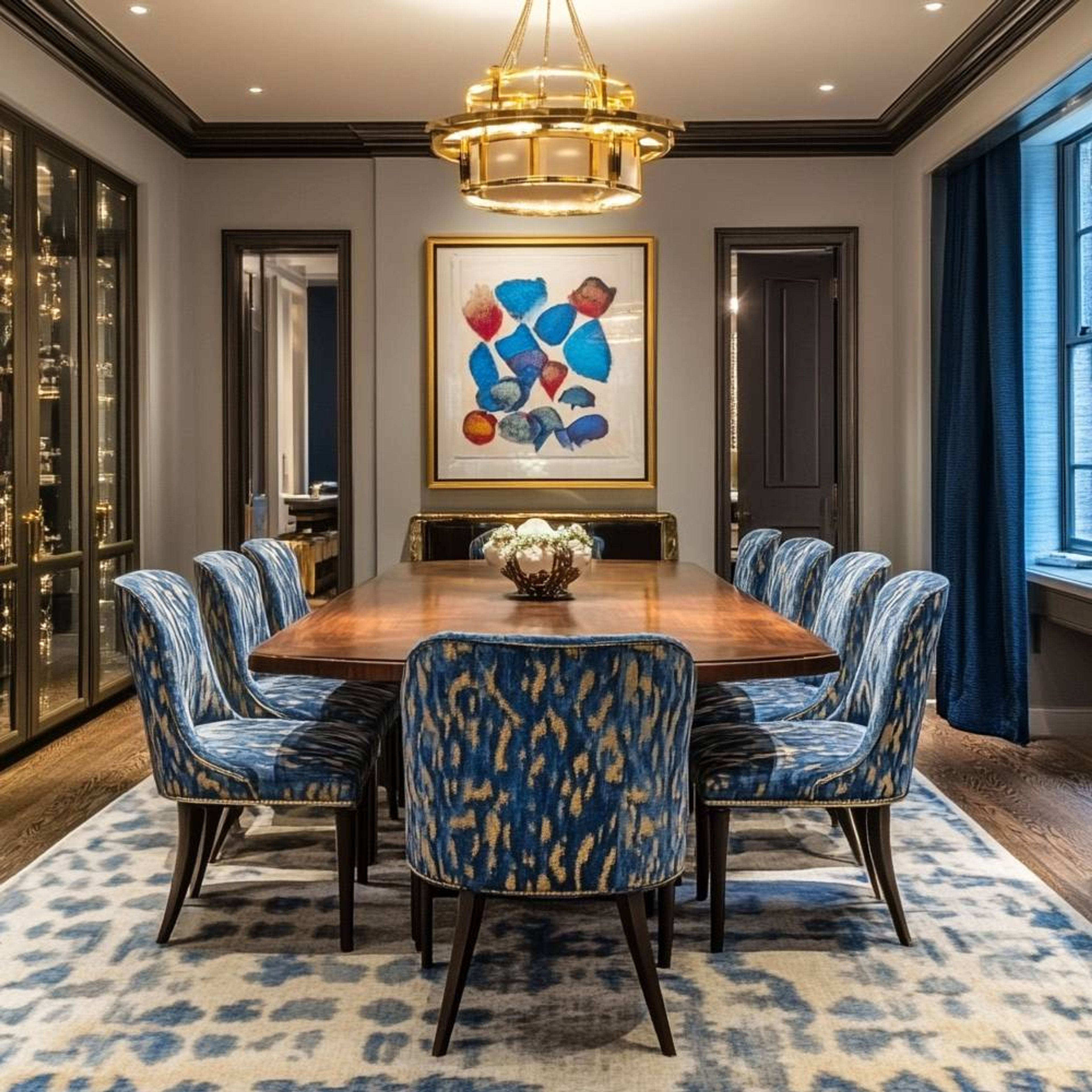 Dining Room Design with 10-Seater Table and Blue Chairs