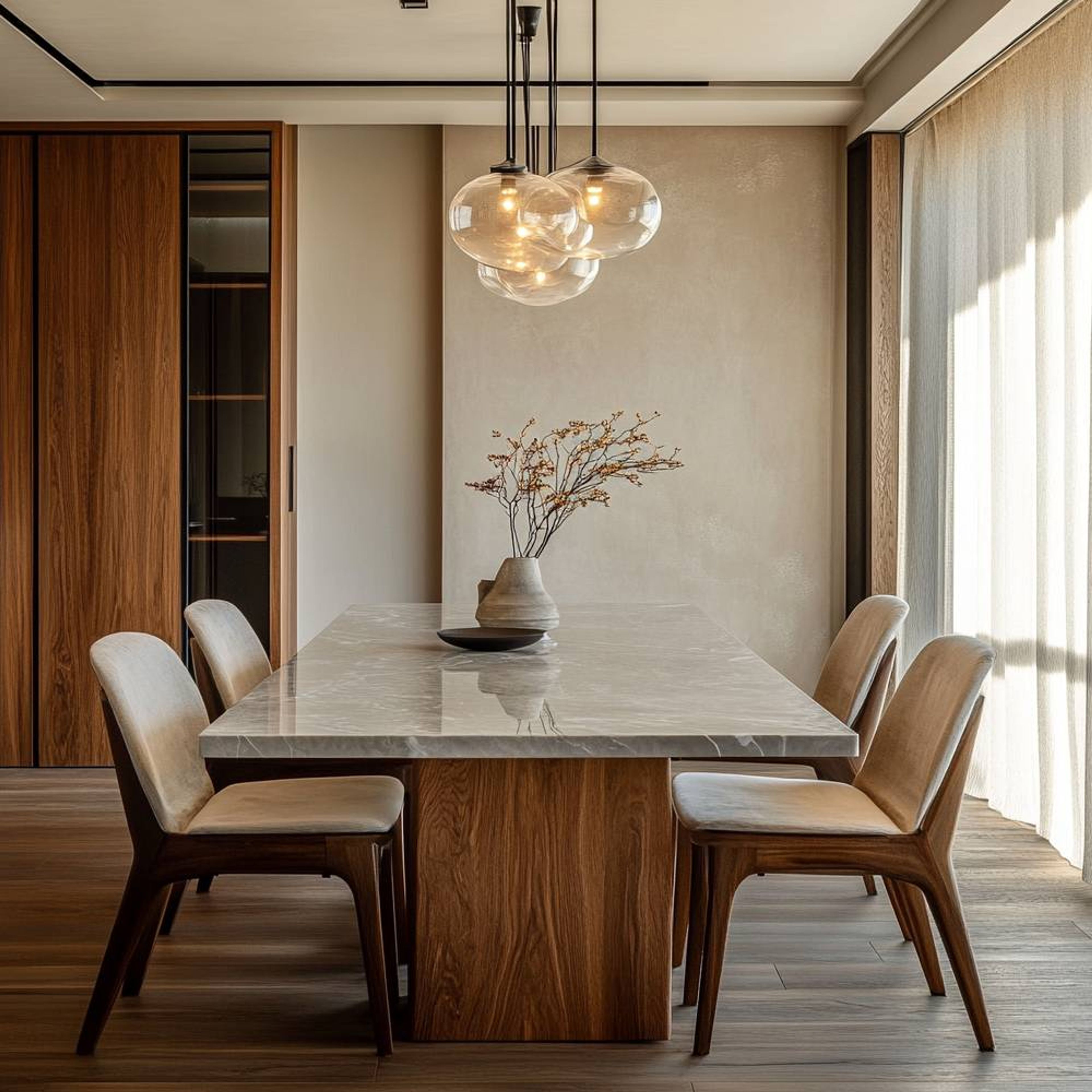 Dining Room Design with Marble Table and Seamless Wood Storage