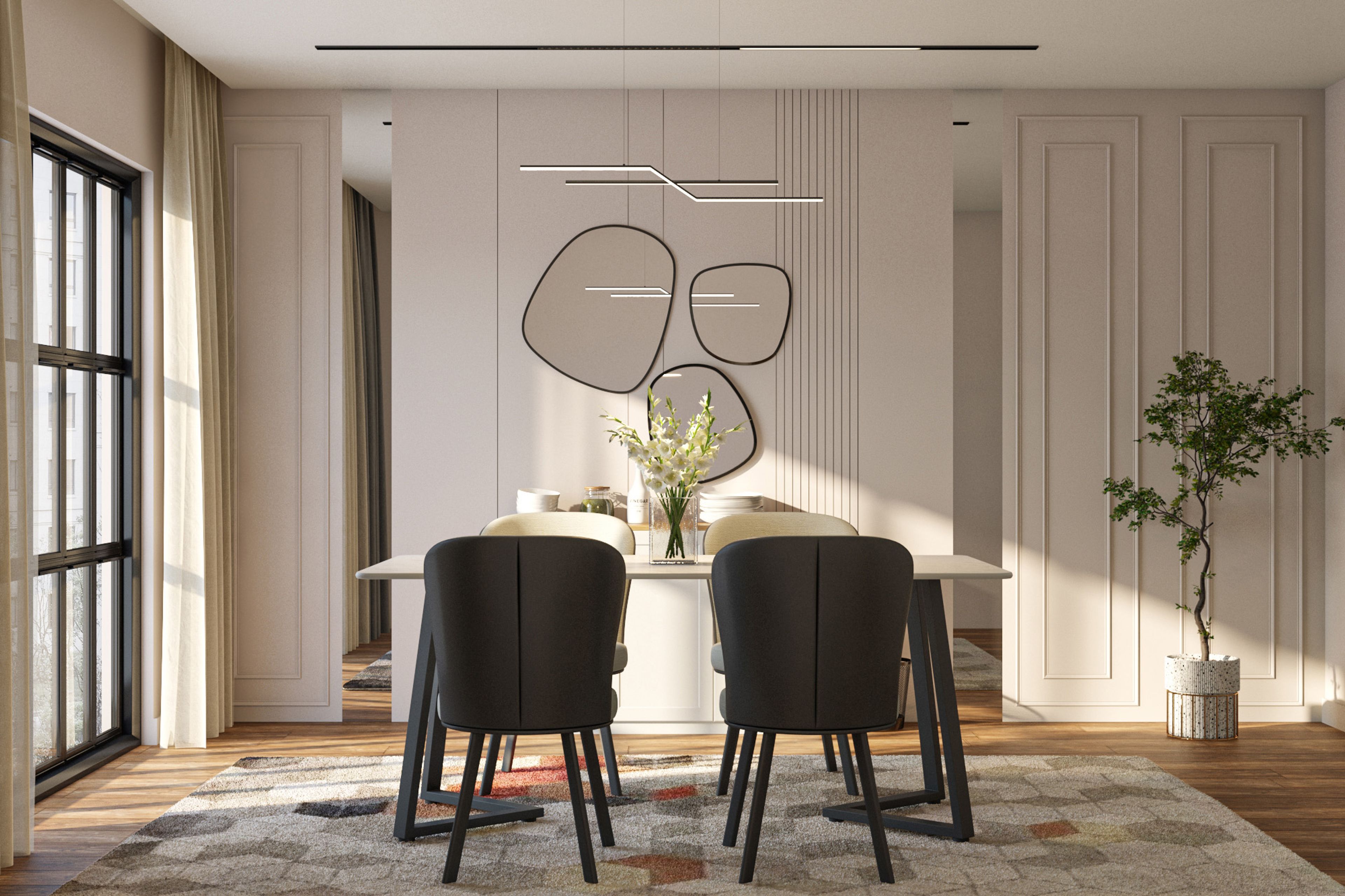 Dining Room Design With Two-Tone Chairs and Cabinetry