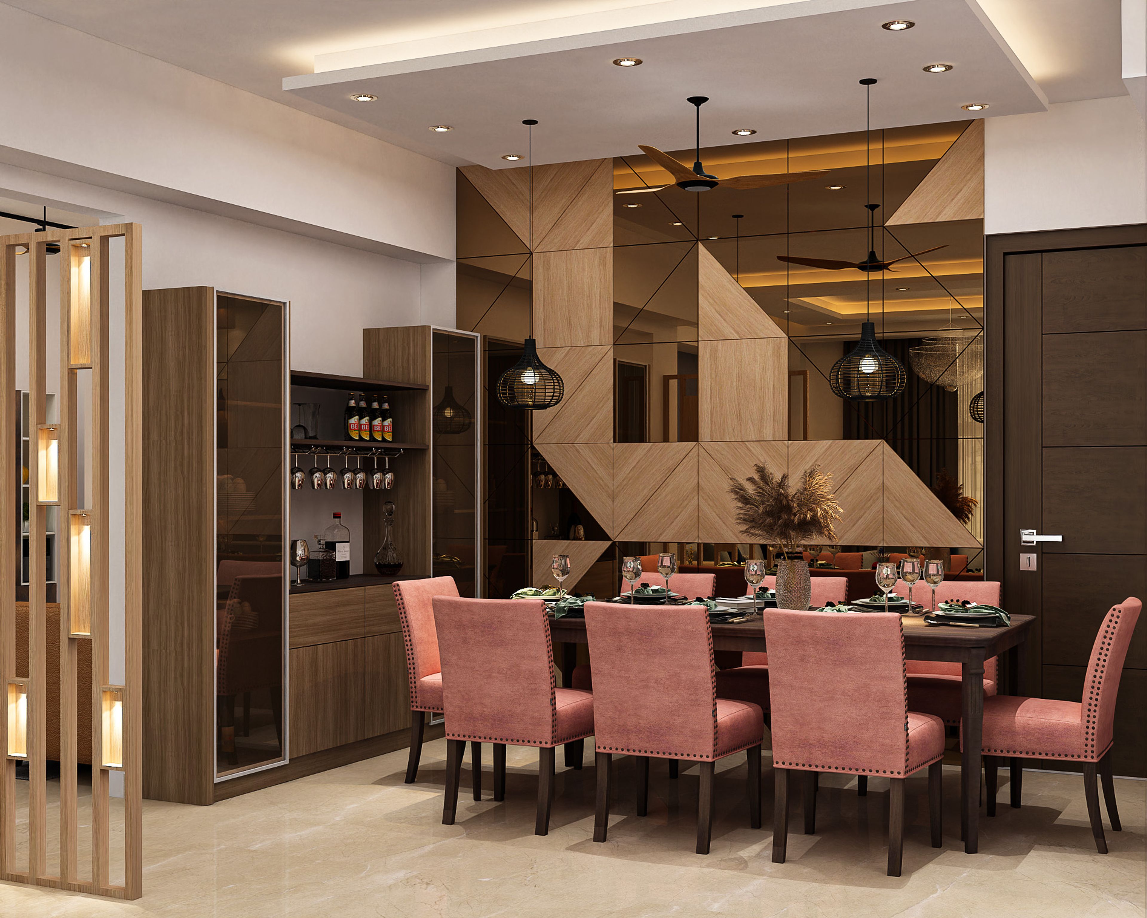 Dining Room Design with Dark Wood and Blush Pink Chairs