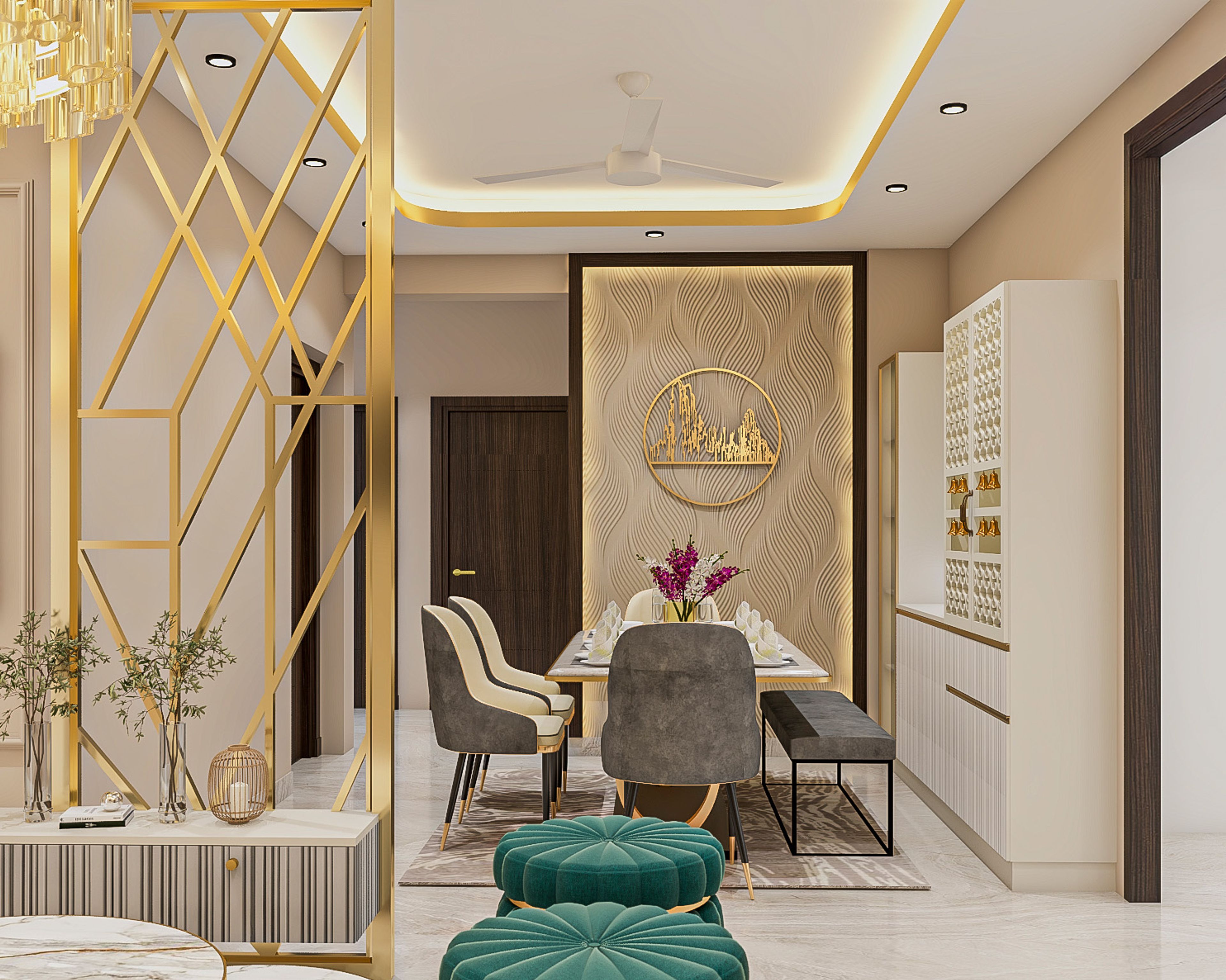 Dining Room Design with White Marble Table and Gold Details