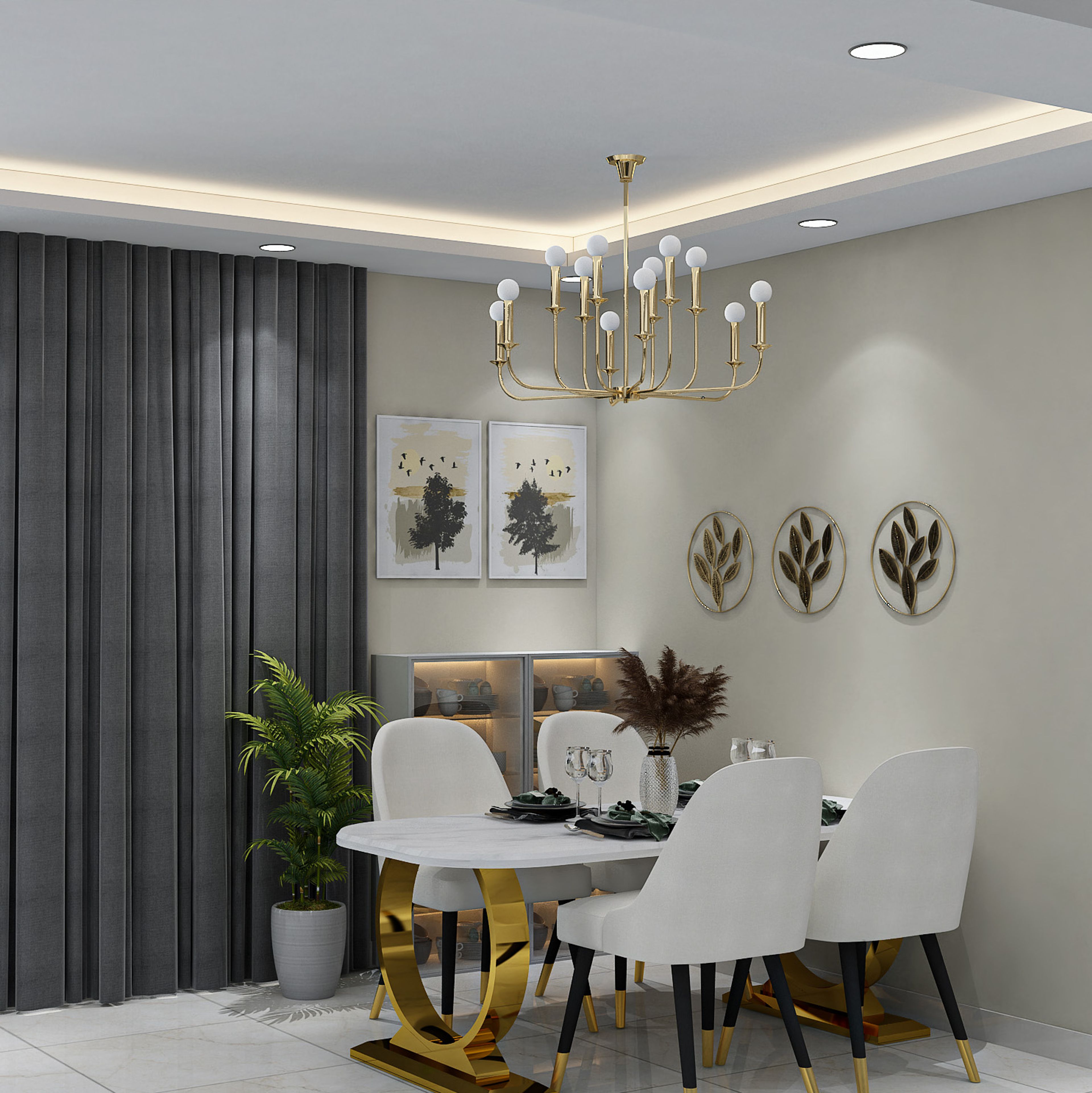 Dining Room Design with Oval Marble Table and Gold Base