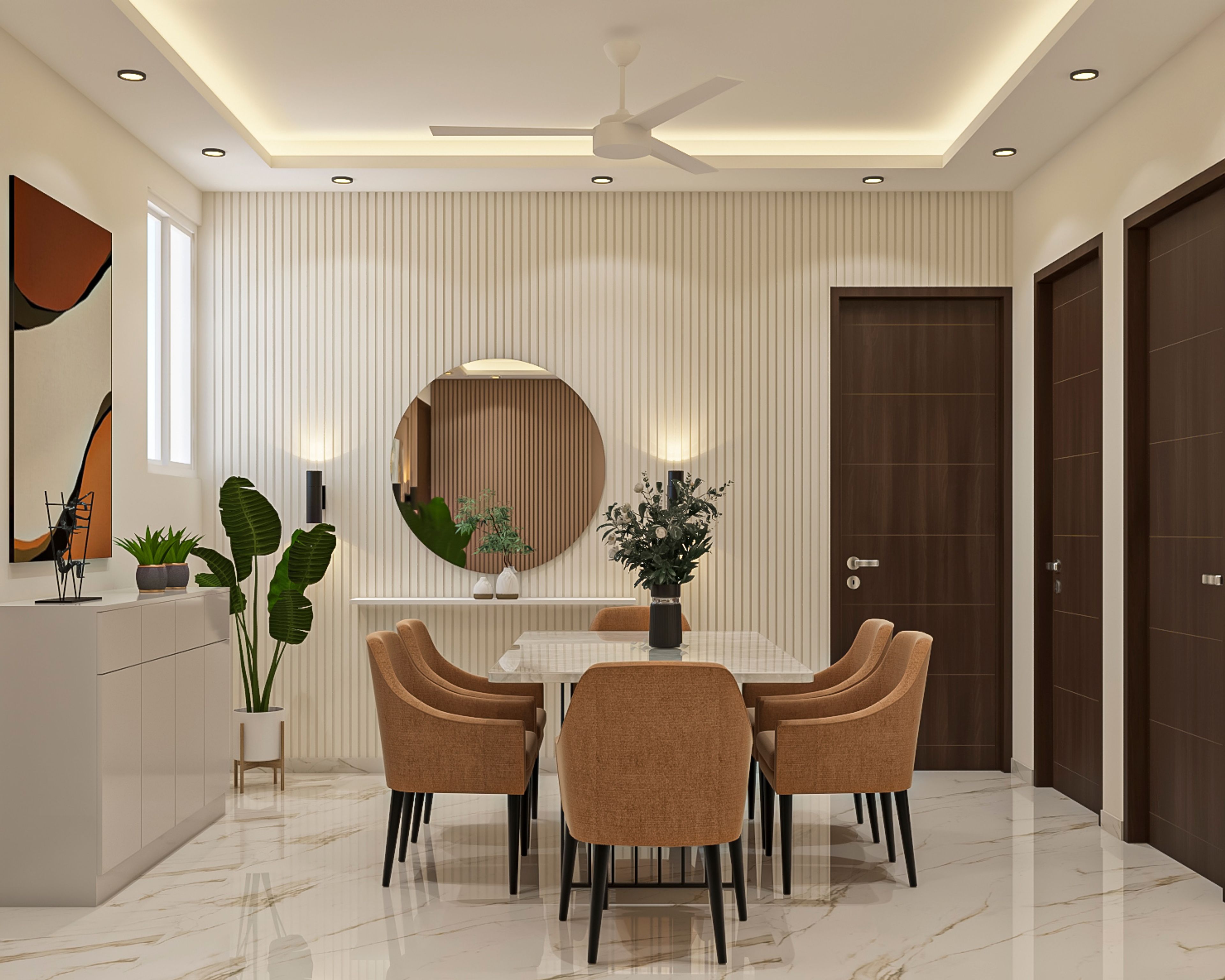 Dining Room Design with Reflective Marble Table and Caramel Chairs