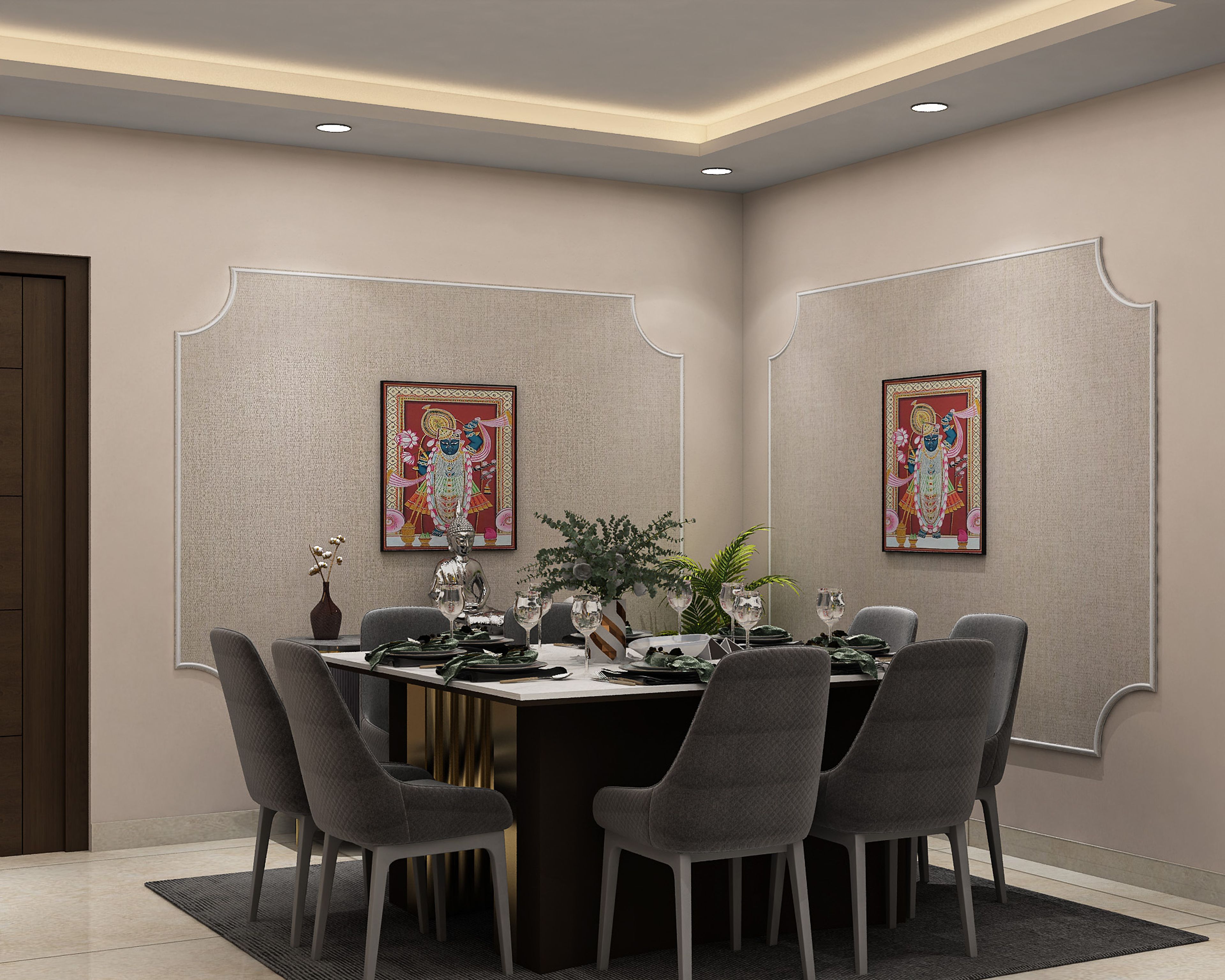 Dining Room Design with Marble Table and Grey Upholstered Chairs