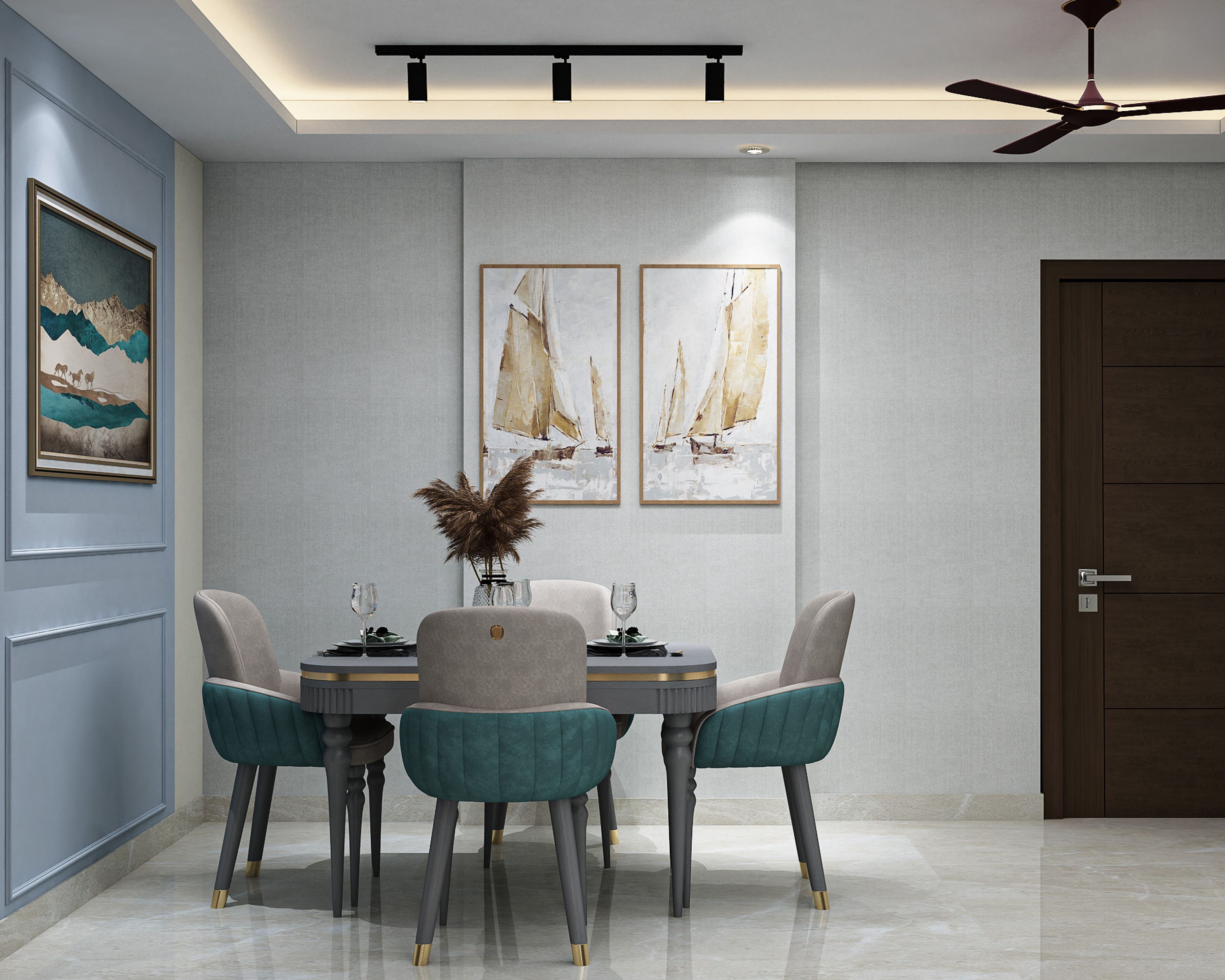 Dining Room Design with Grey Oval Table and Teal Chairs