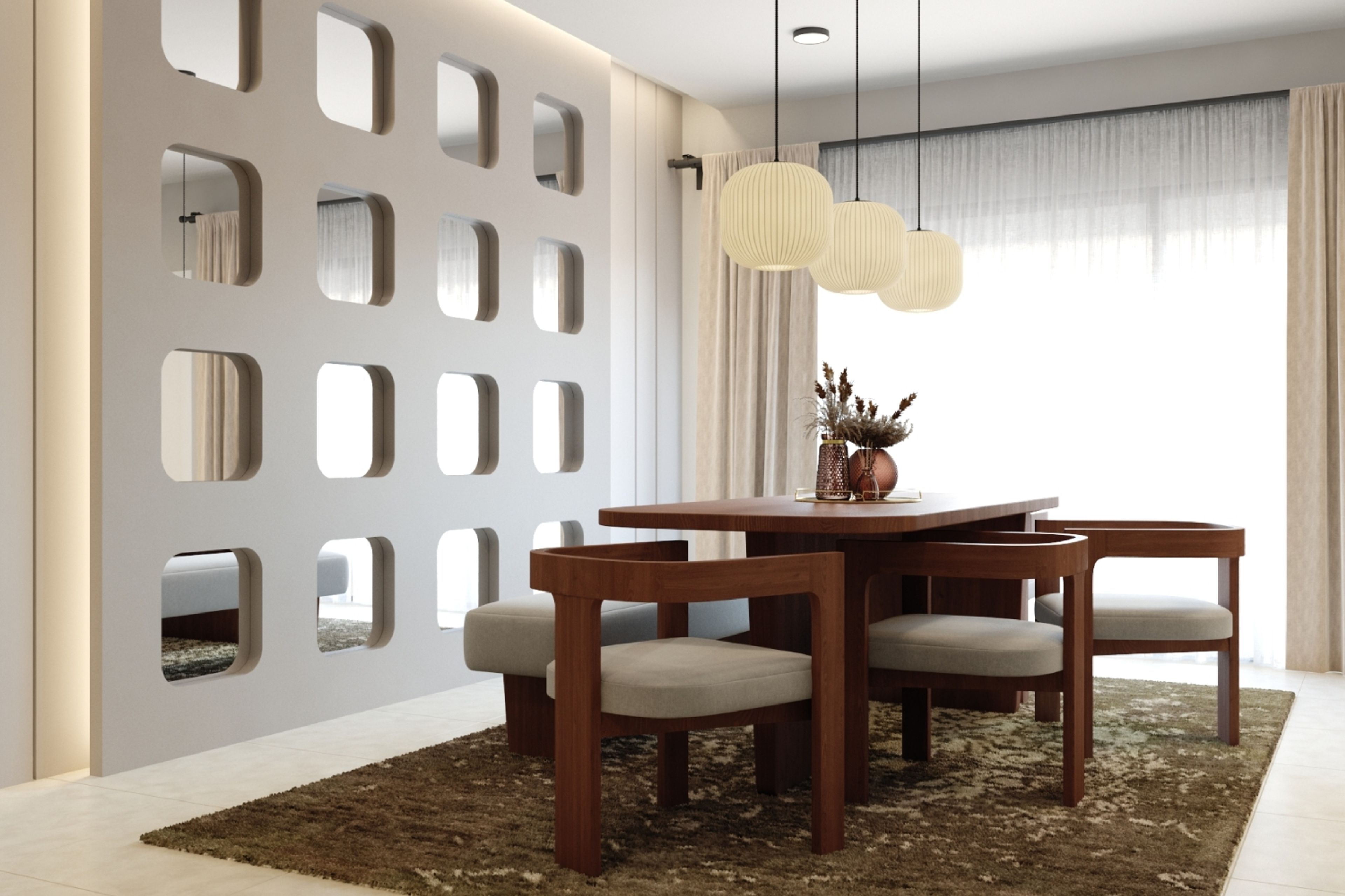 Dining Room Design with Partition and Wooden Furniture