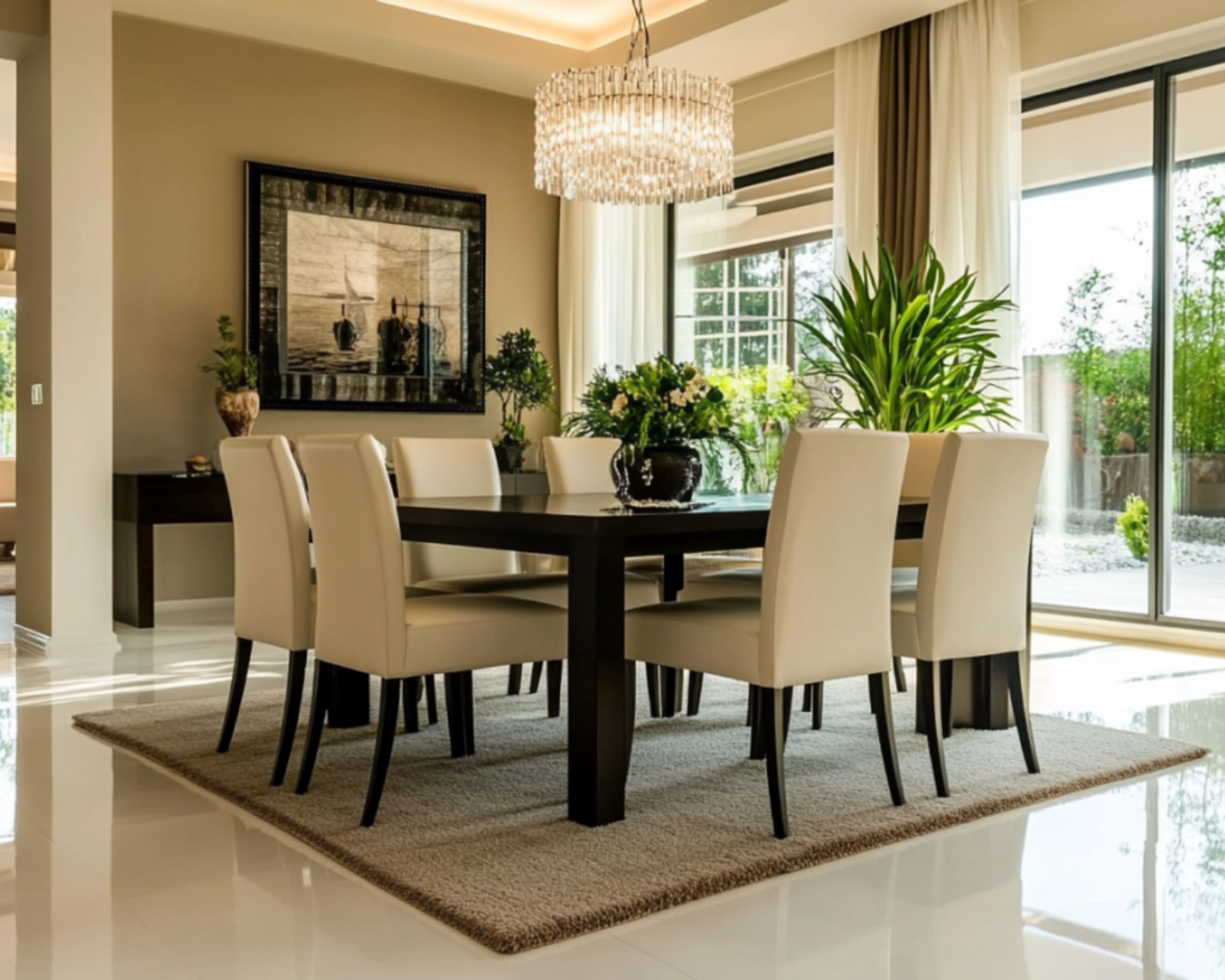 Dining Room Design with Dark Wood Table and Cream Chairs
