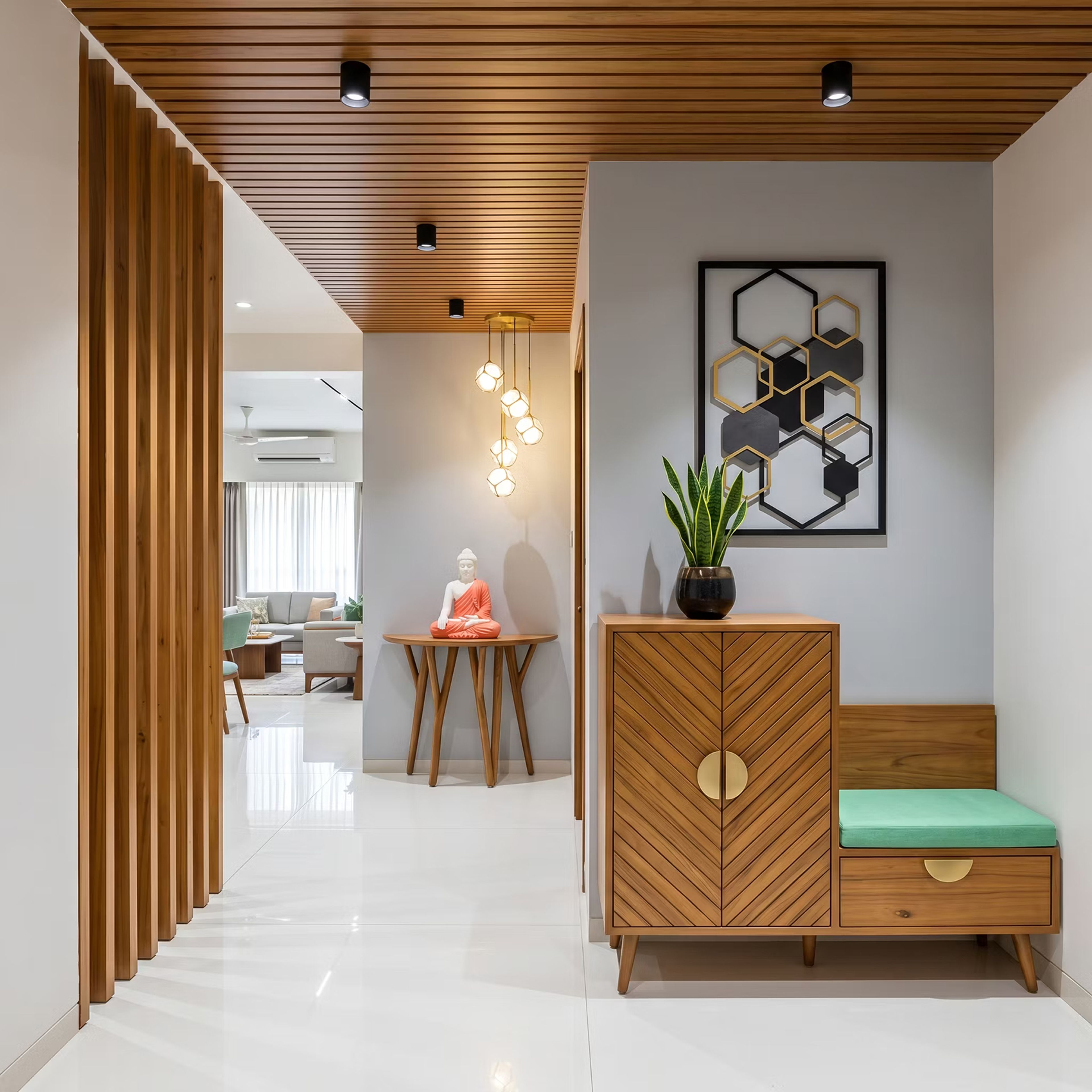 Contemporary Foyer Design with Slatted Wood Ceiling and Globe Pendant Cluster