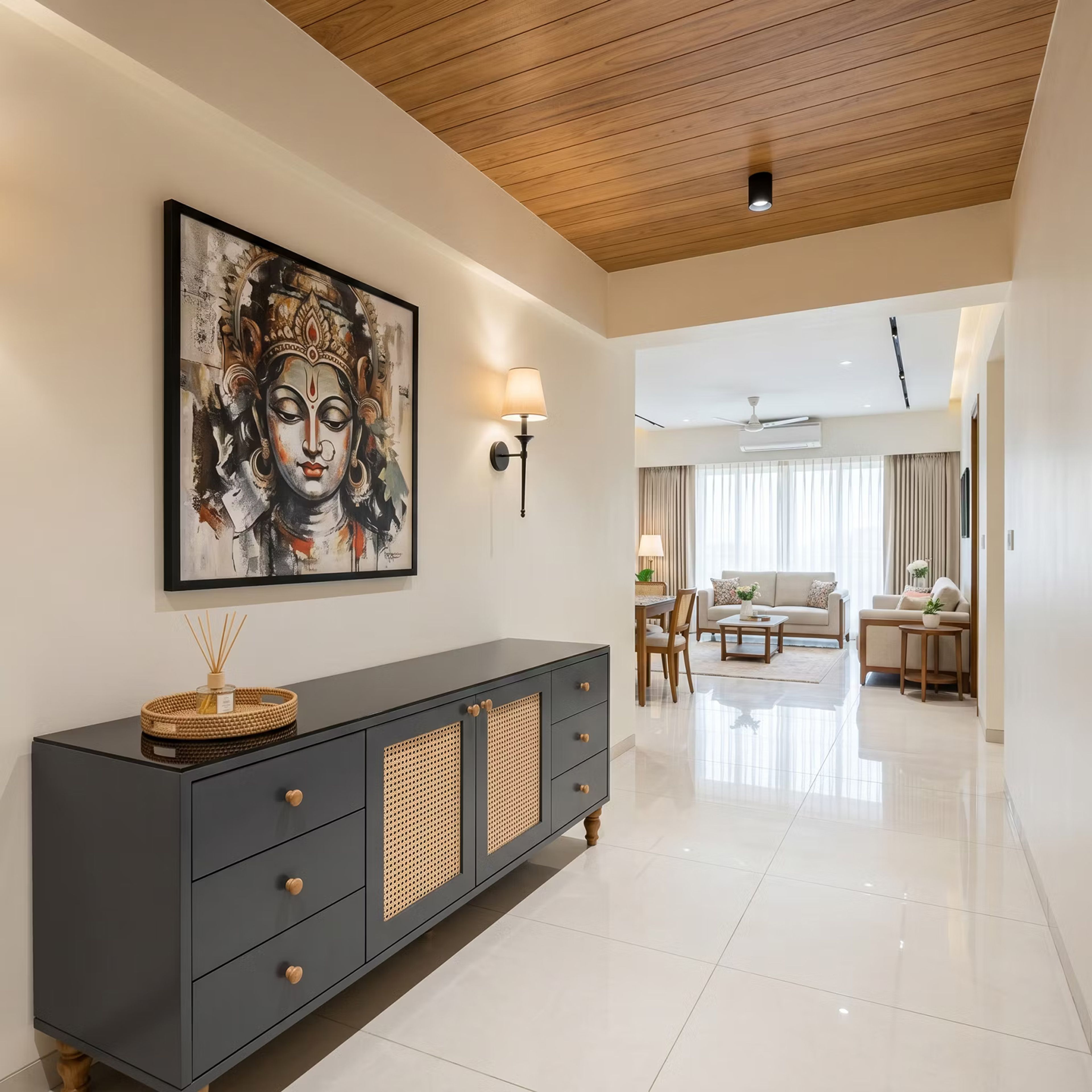 Classic Foyer Design with Wooden Plank Ceiling and Indian Deity Artwork