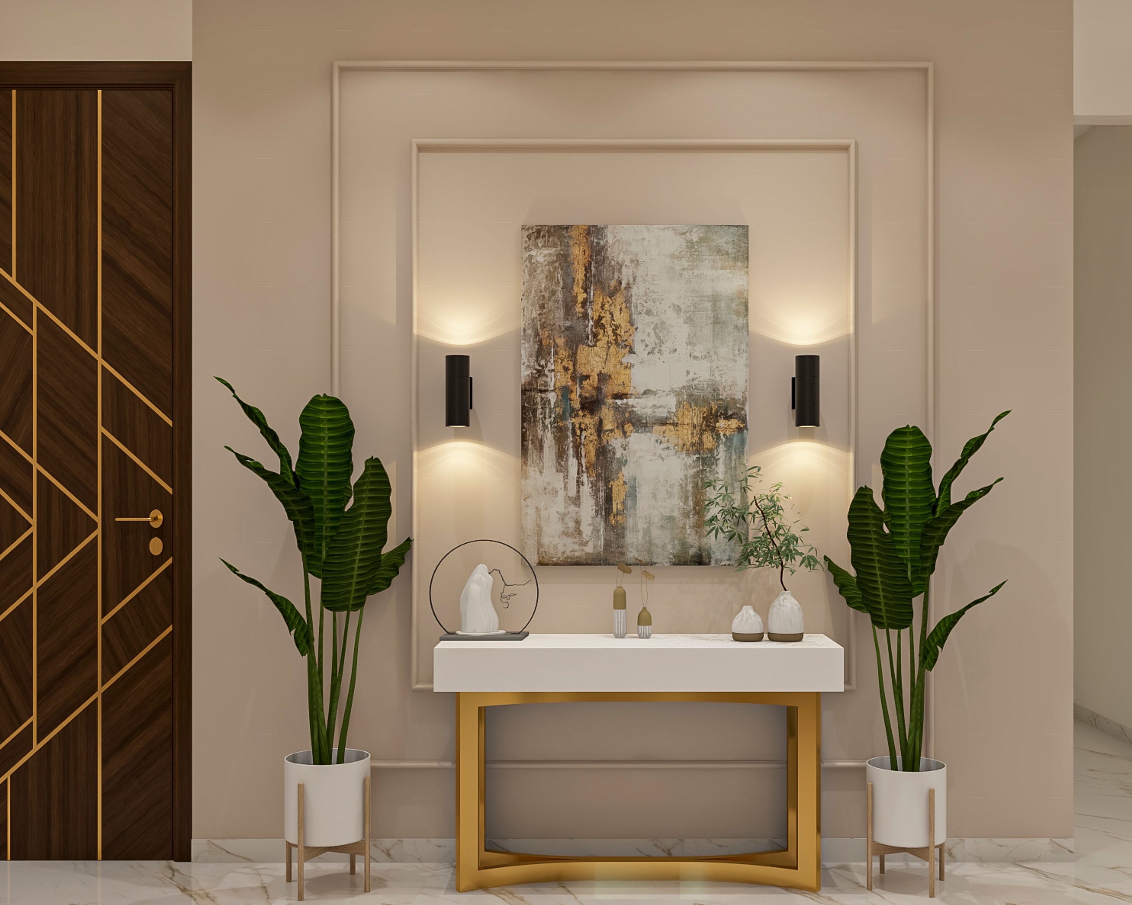 Modern Foyer Design with White Top and Gold Metallic Base