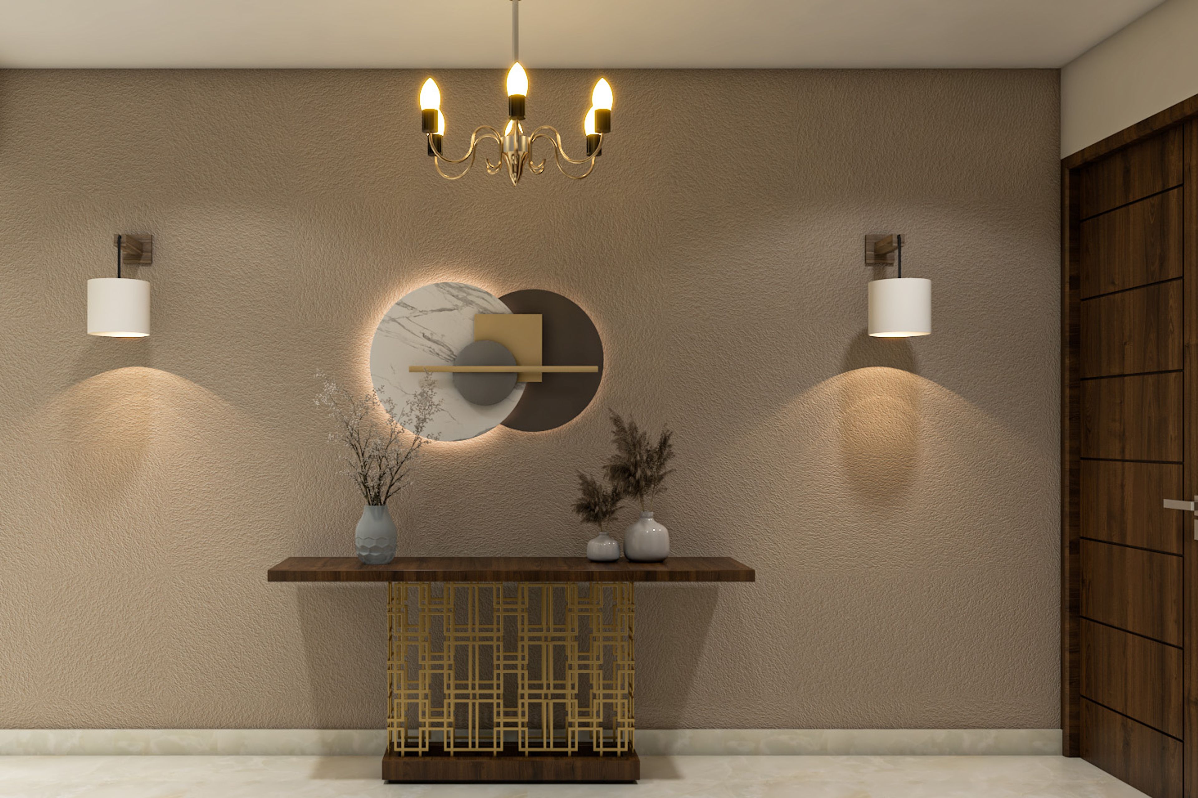 Modern Foyer Design with Walnut and Gold Console