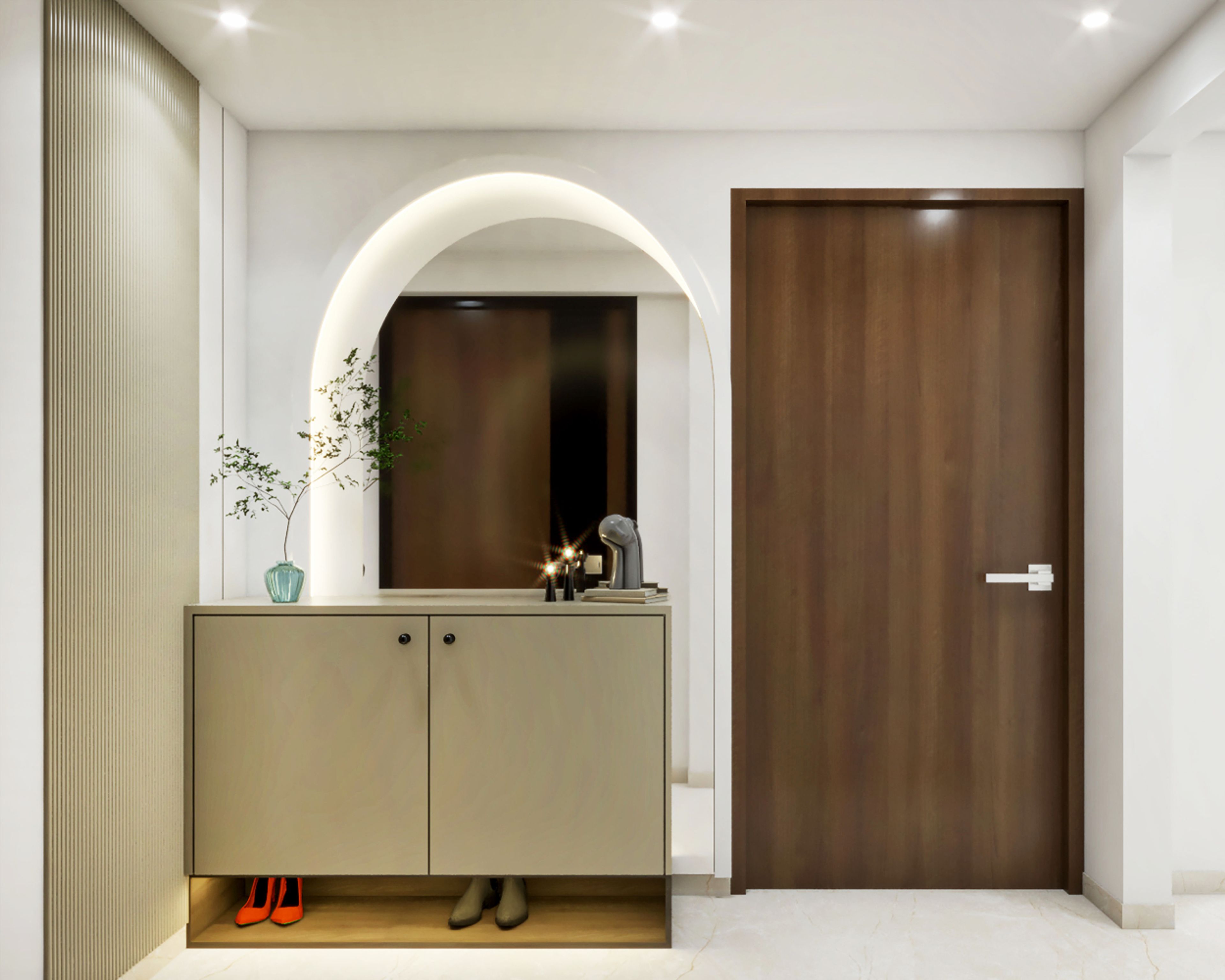 Contemporary Foyer Design with Arched Mirror and Suede Cabinet