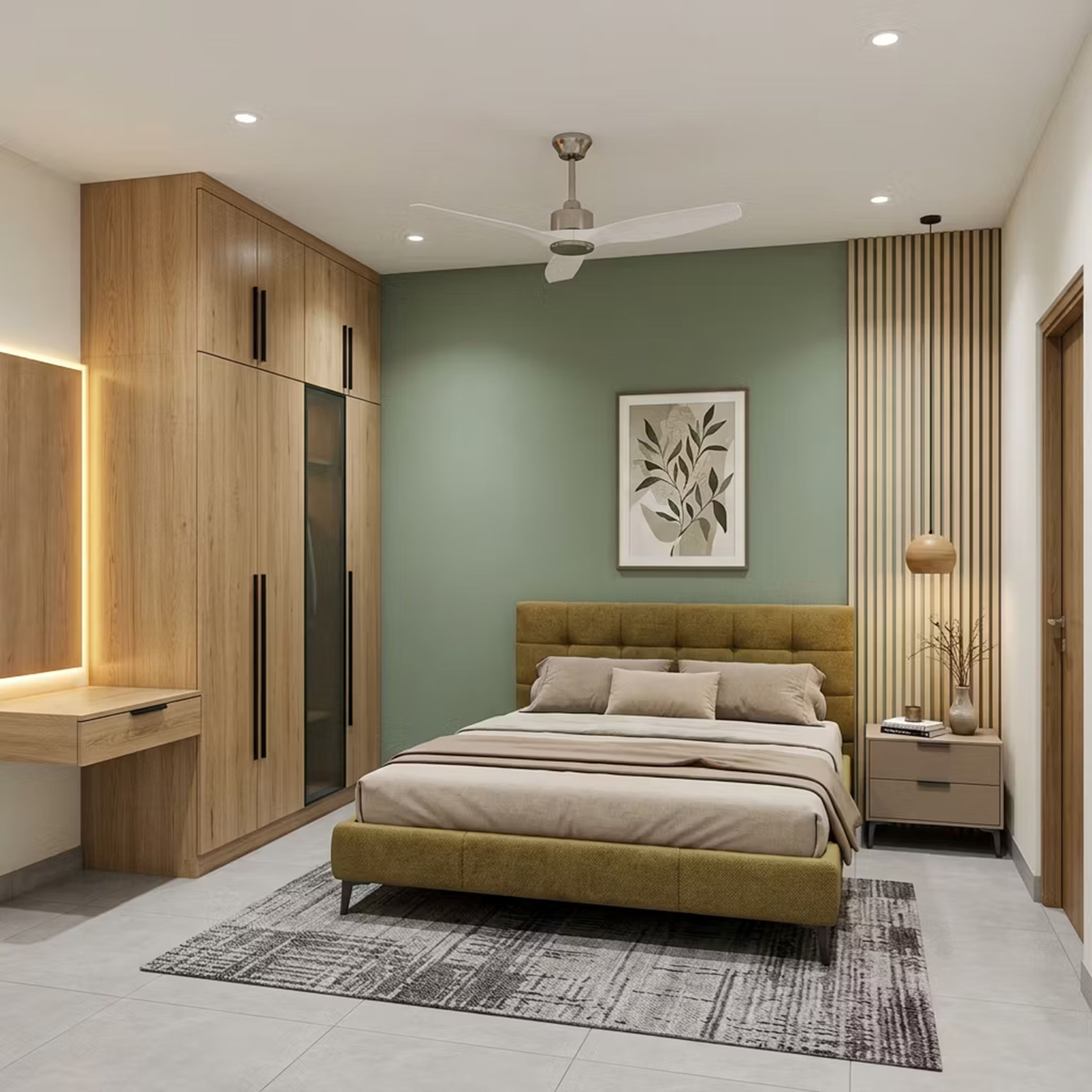 Minimal Guest Bedroom Design with Sage Accent Wall and Wardrobe