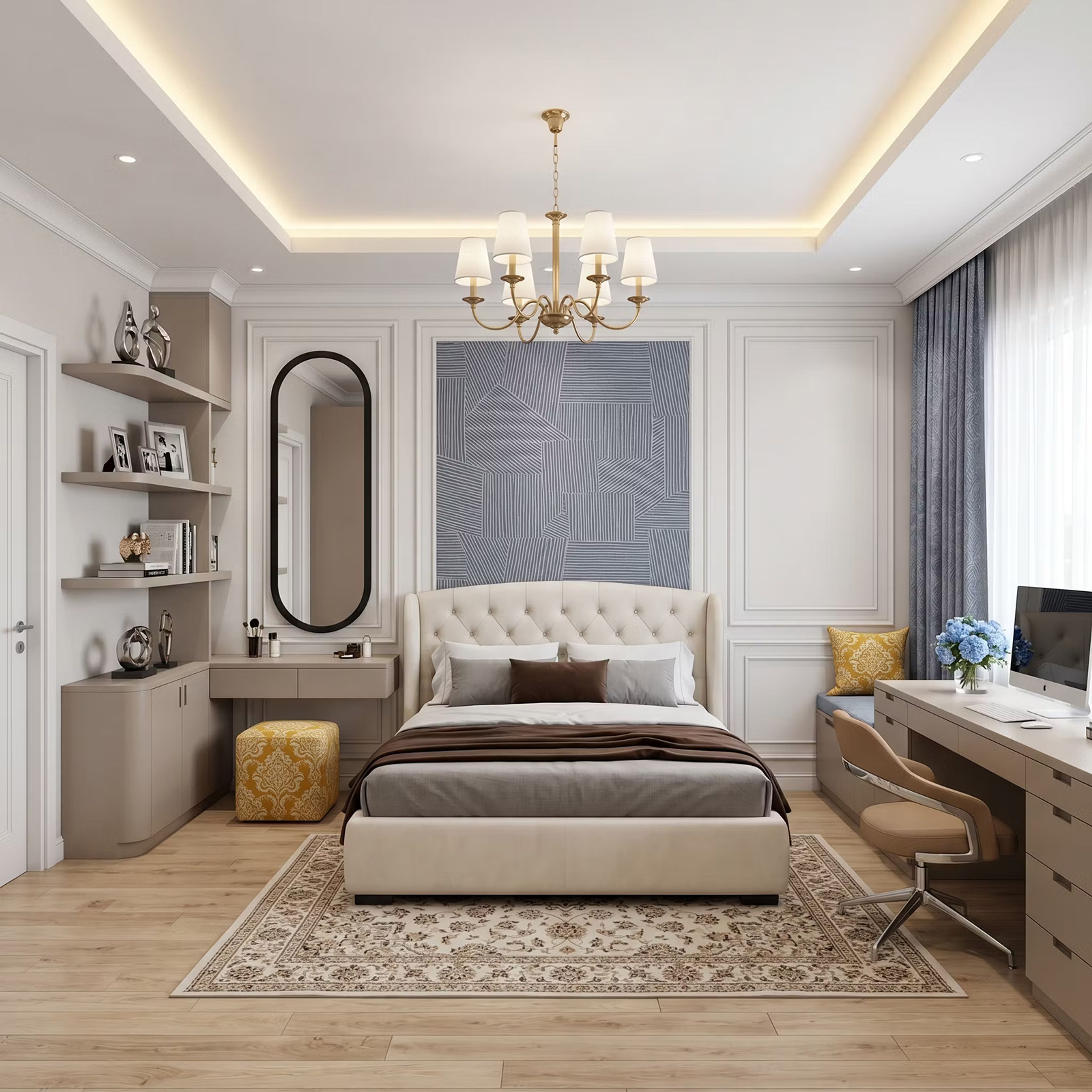Traditional Guest Bedroom Design with Wingback Bed and Geometric Wallpaper
