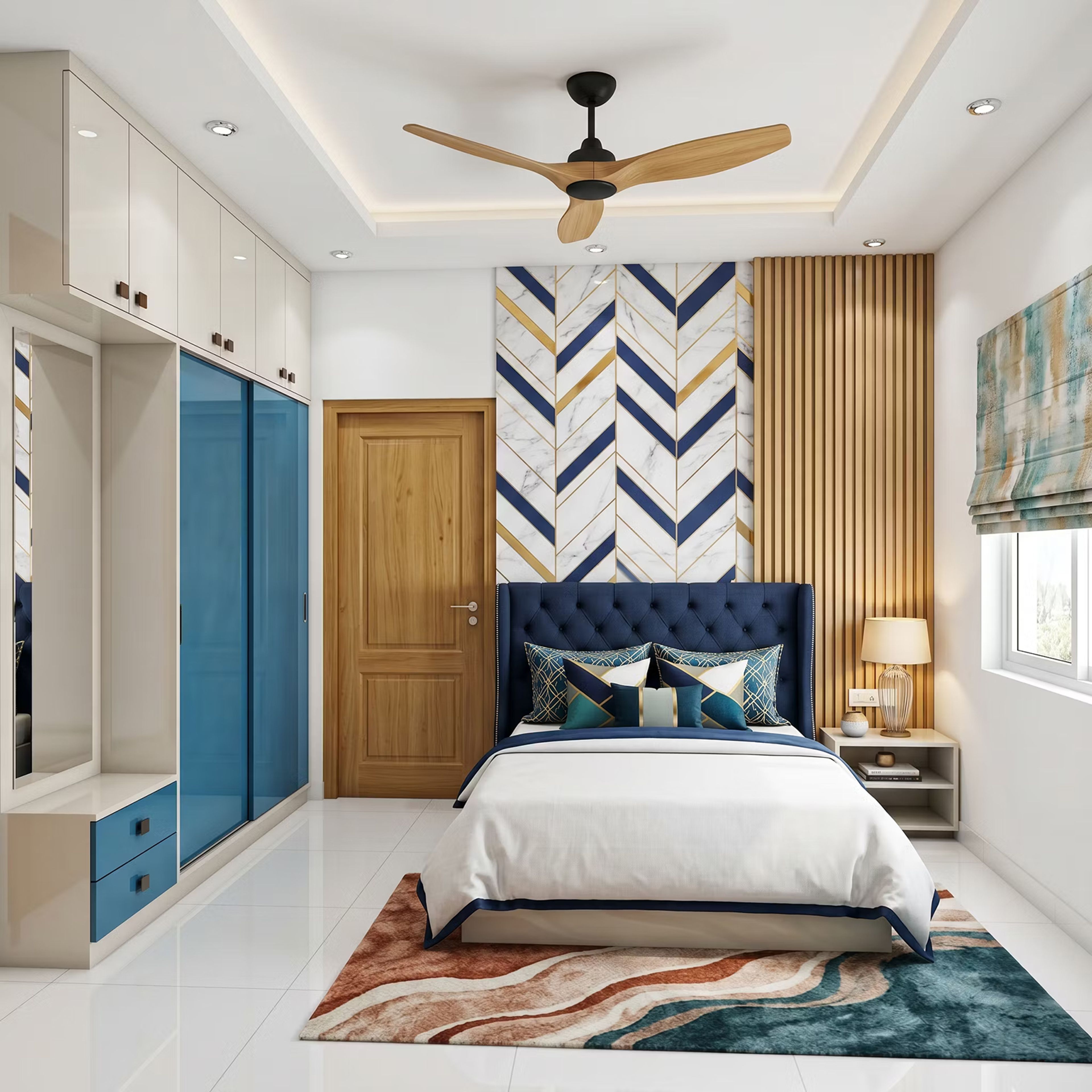 Contemporary Guest Bedroom Design with Royal Blue Bed and Marble Wall