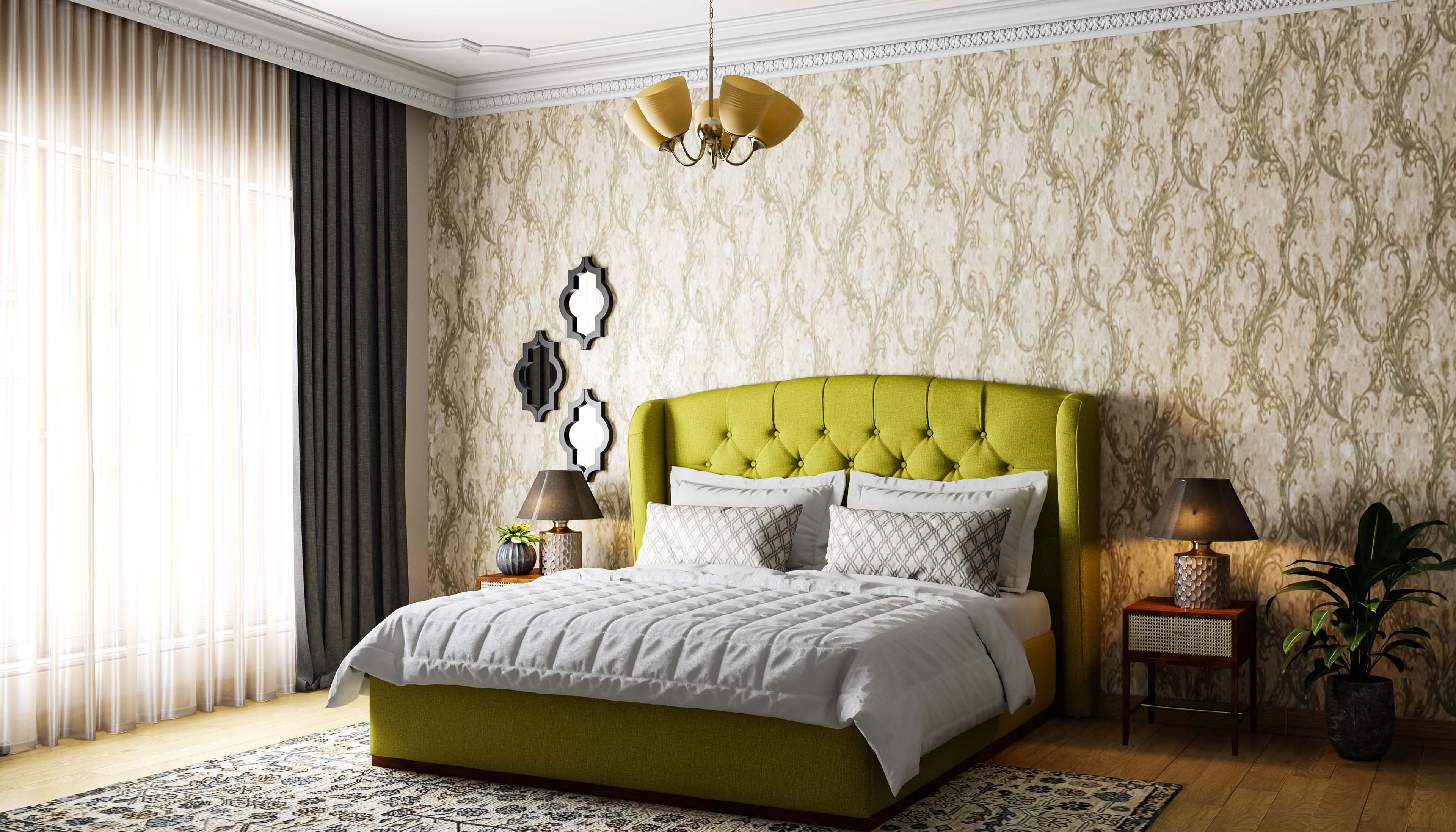 Classic Guest Bedroom Design with Lime-Green Headboard