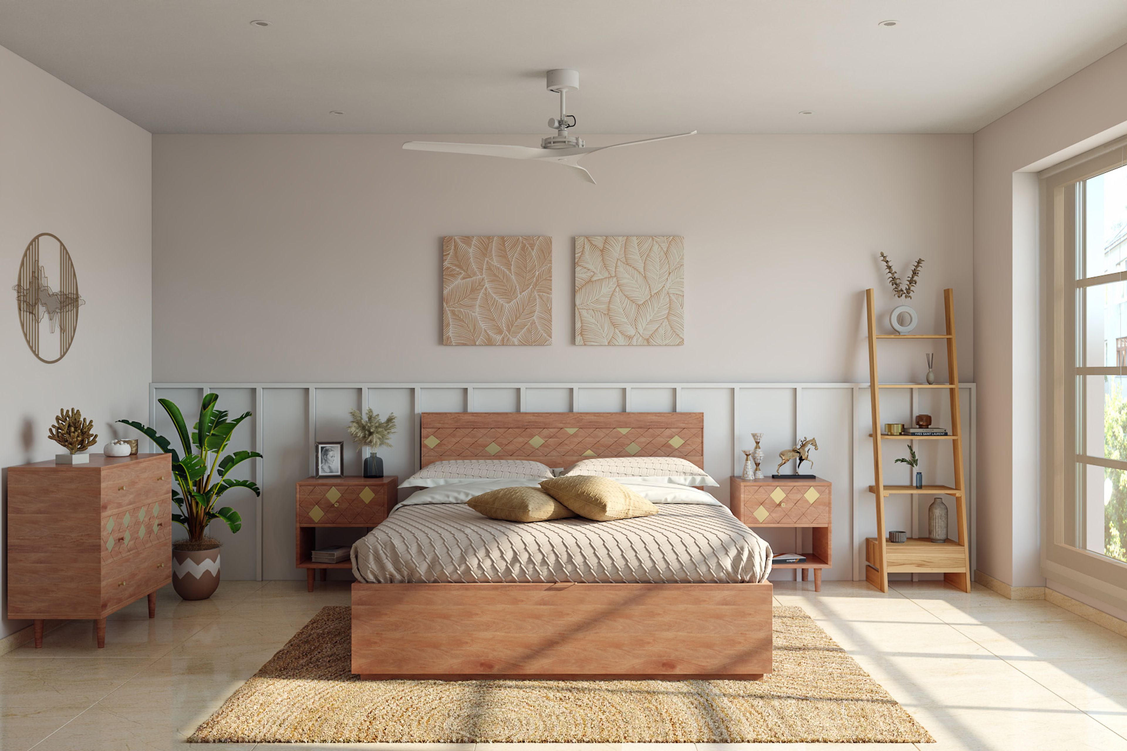 Bohemian Guest Bedroom Design with Canopy Bed and Rattan Furniture