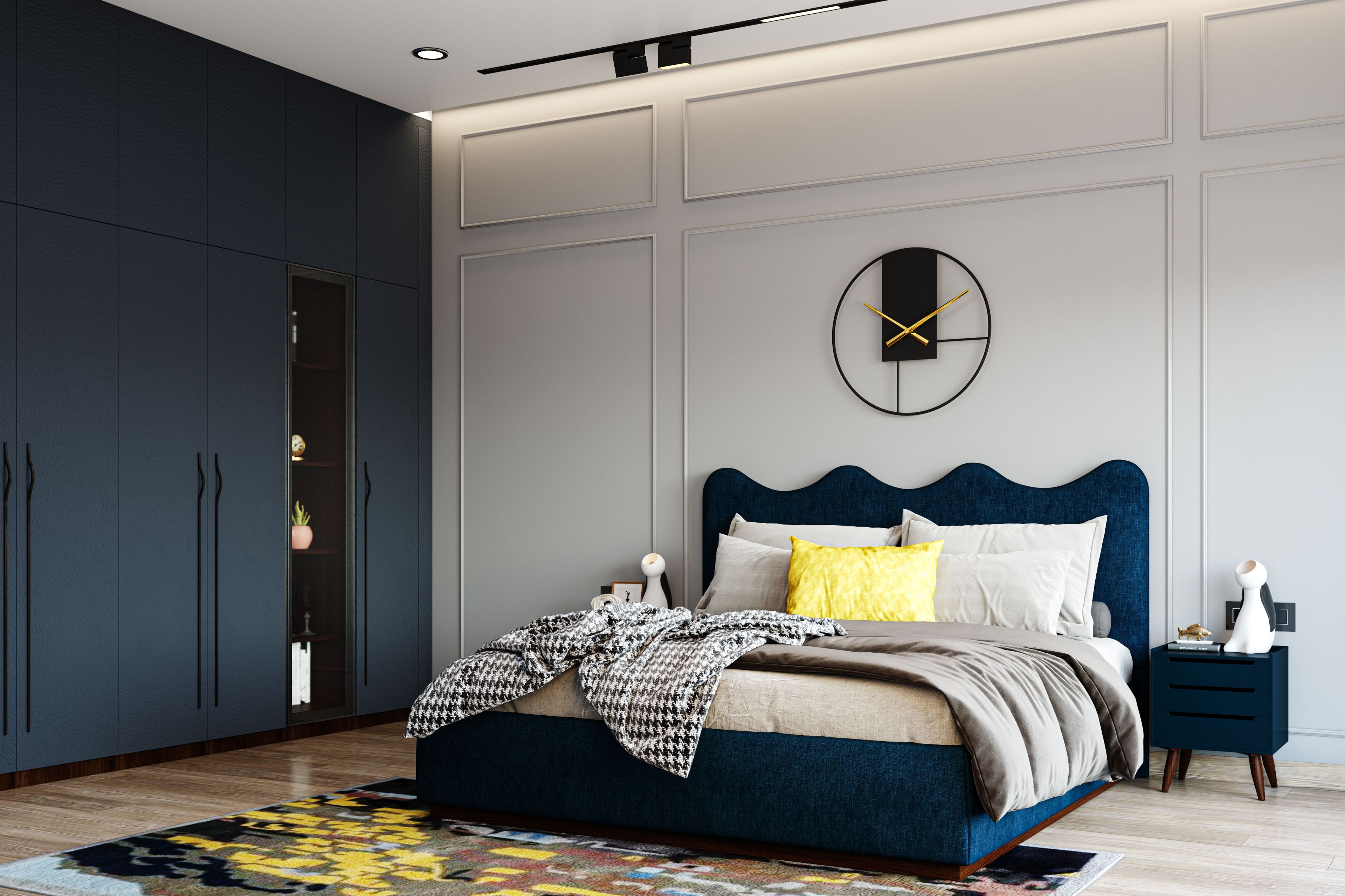 Contemporary Guest Bedroom Design with Scalloped Bed and Nightstands