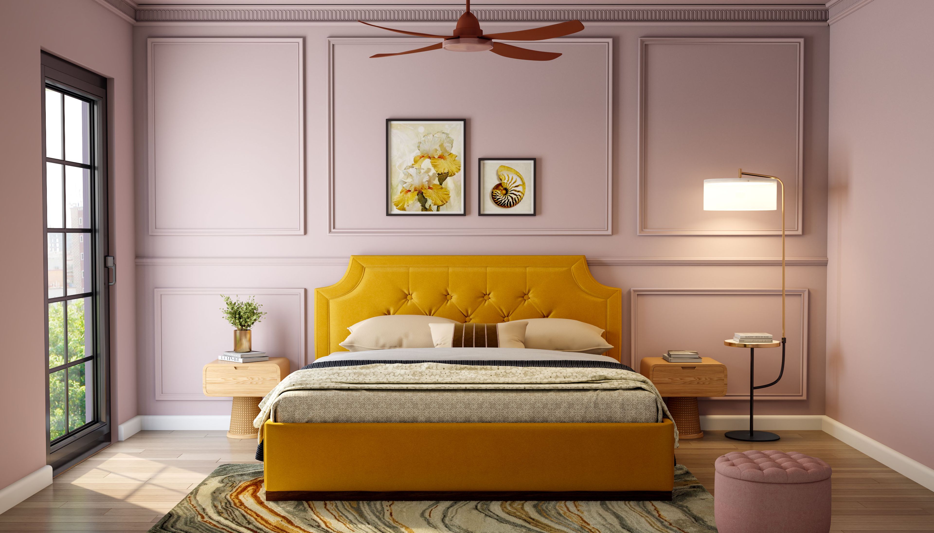 Contemporary Guest Bedroom Design with Pastel Pink Wall Moulding