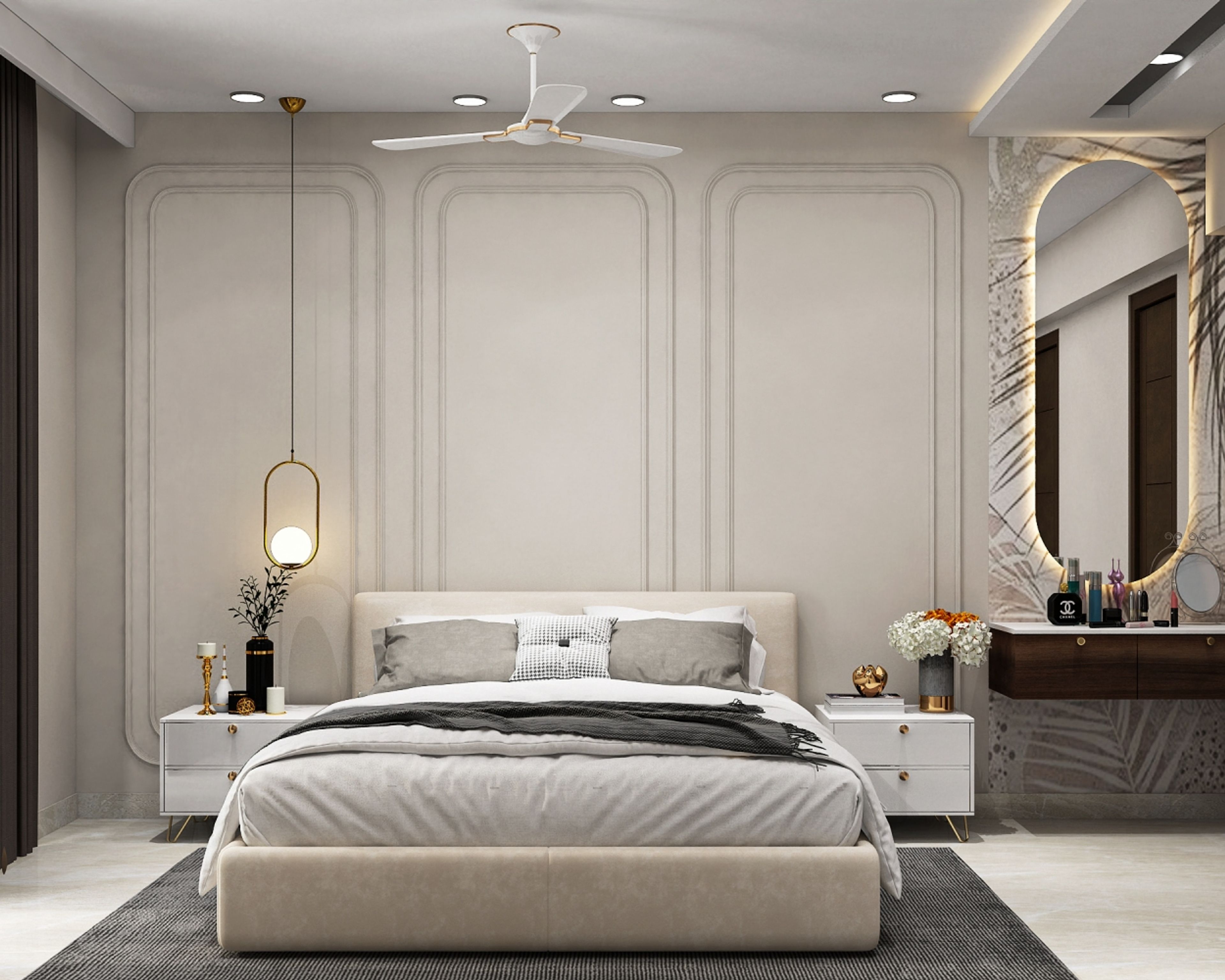 Warm Beige Modern Guest Bedroom Design with Rounded Molding