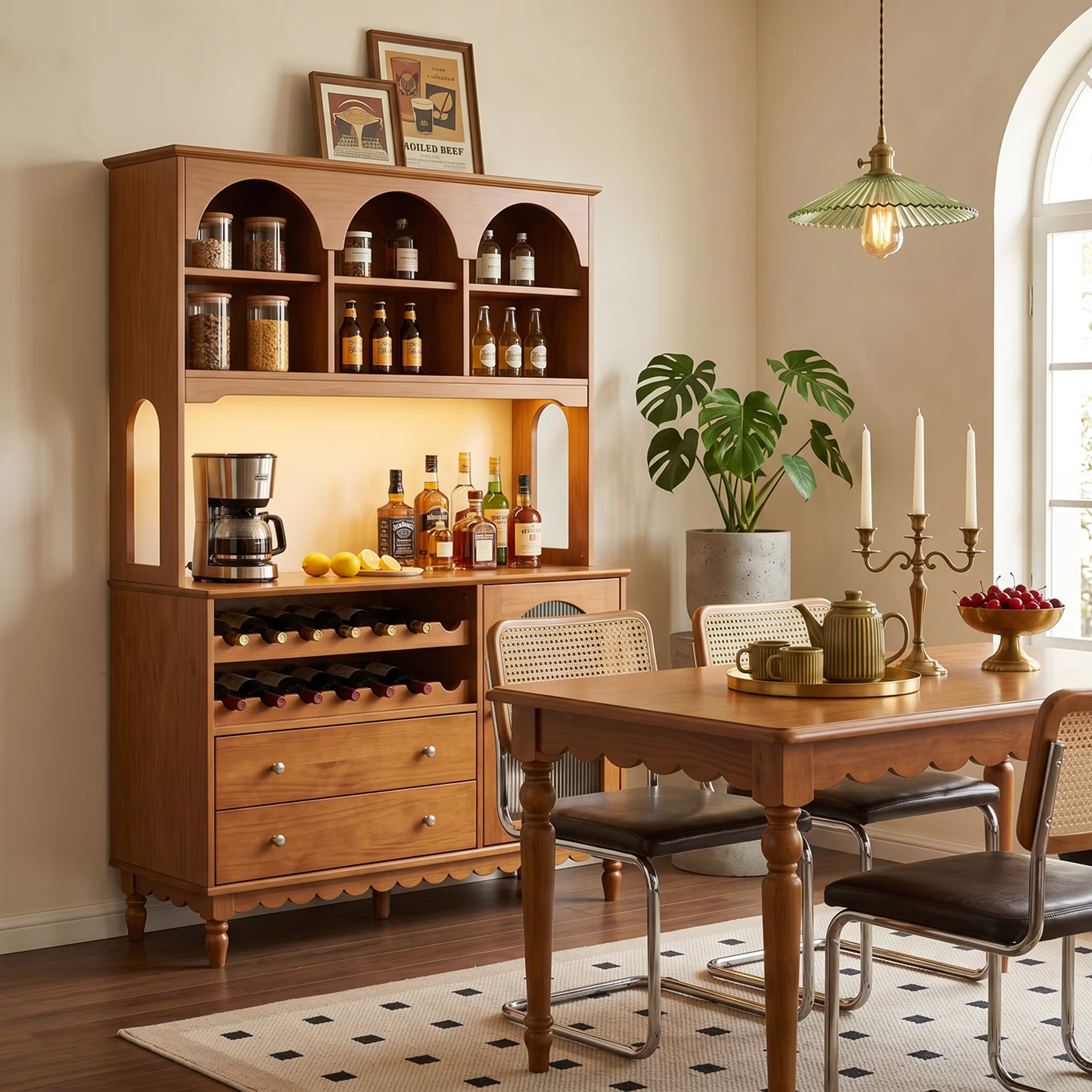 Home Bar Design with Arched Display and Walnut Finish