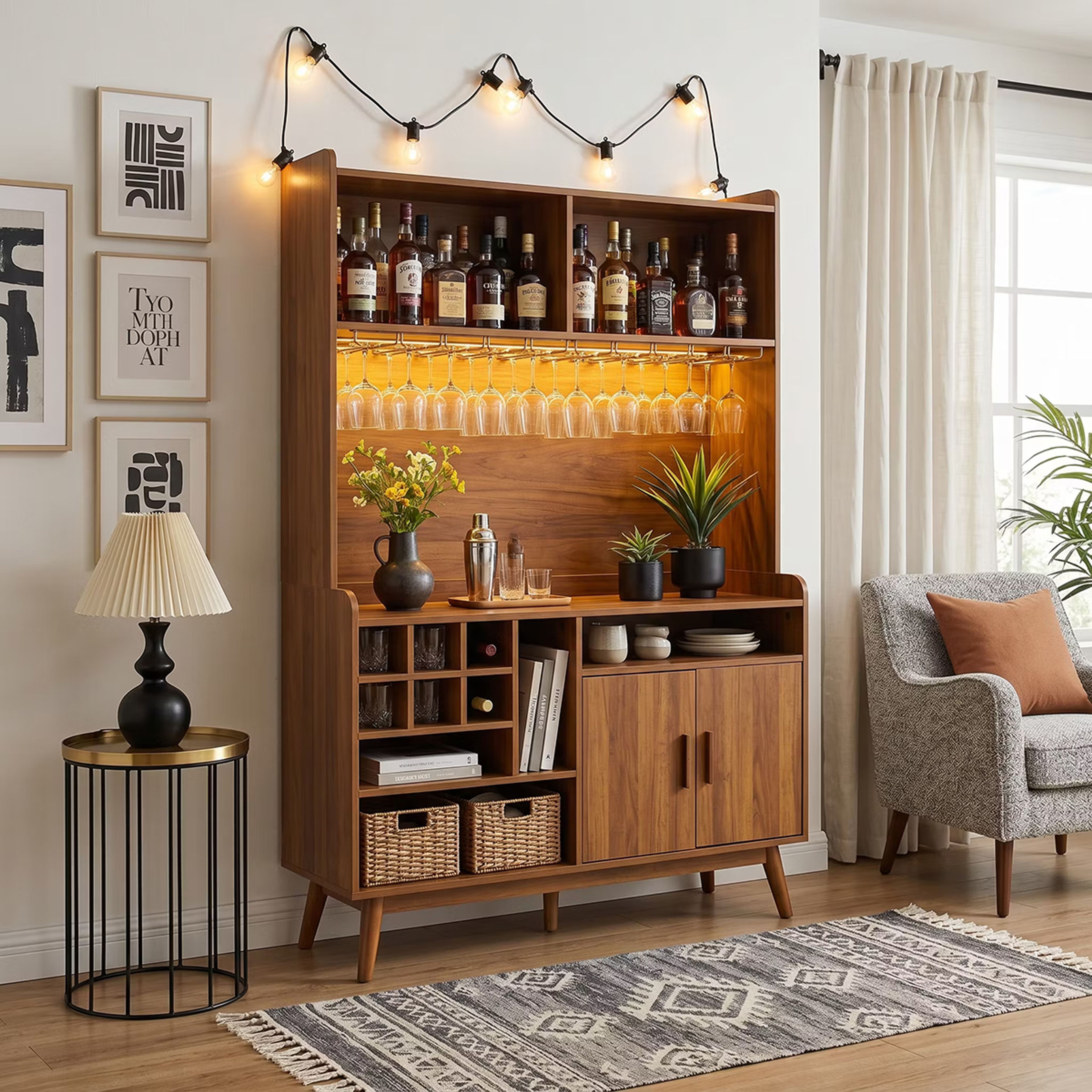 Home Bar Design with Top Shelf and Stemware Rack