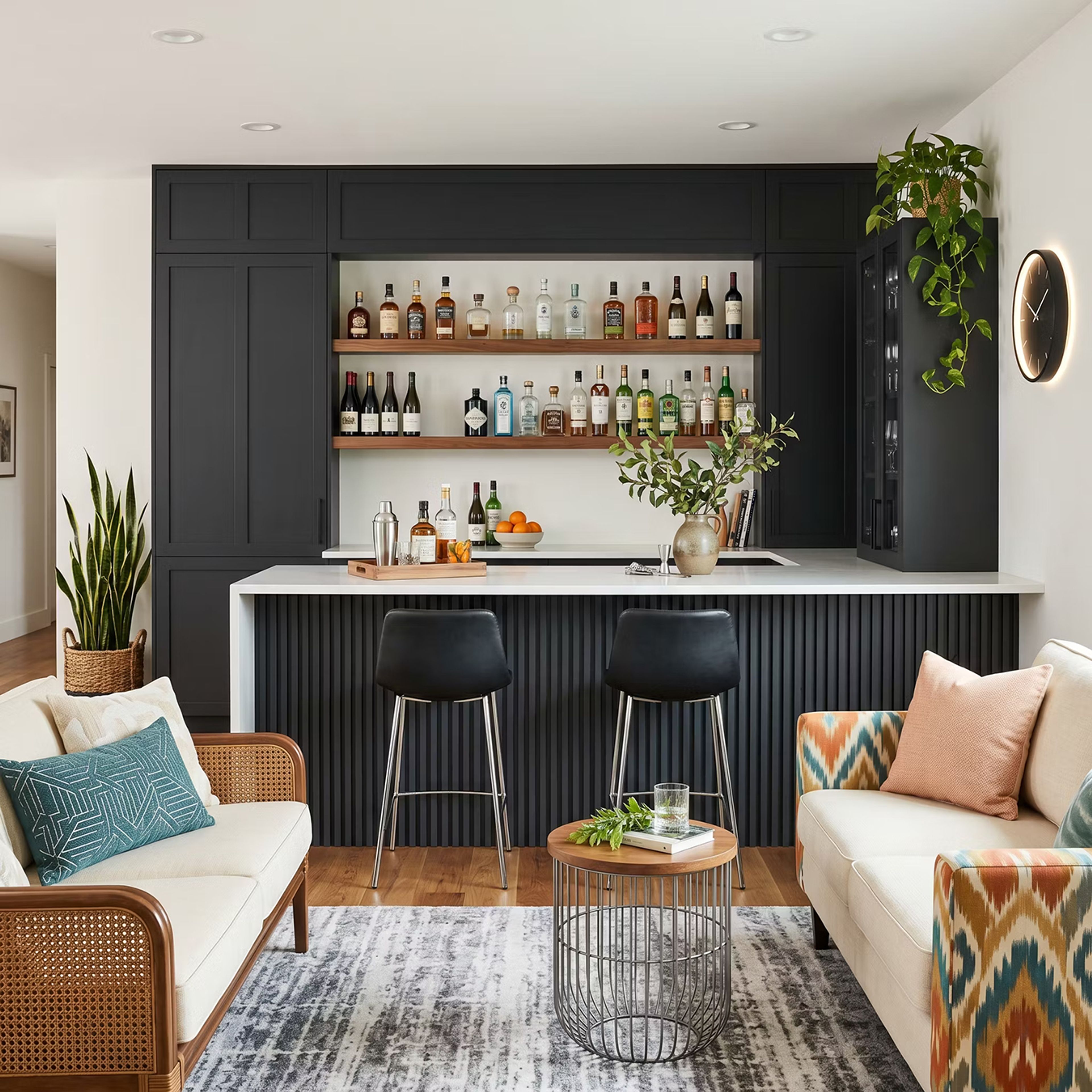 Modern Kingfisher Blue Home Bar Design with Symmetrical Shaker Towers