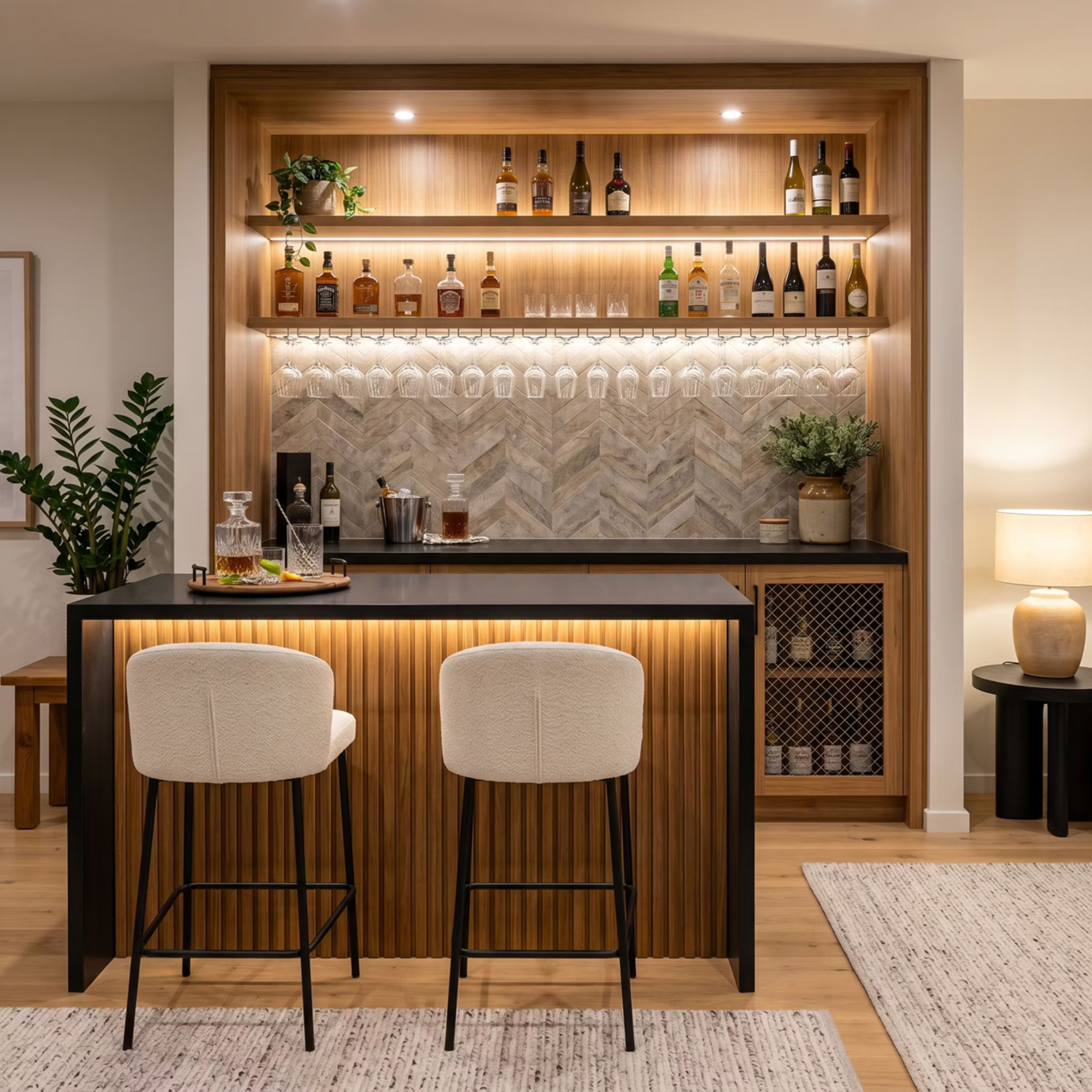 Contemporary Walnut Home Bar Design with Chevron Backsplash and Island