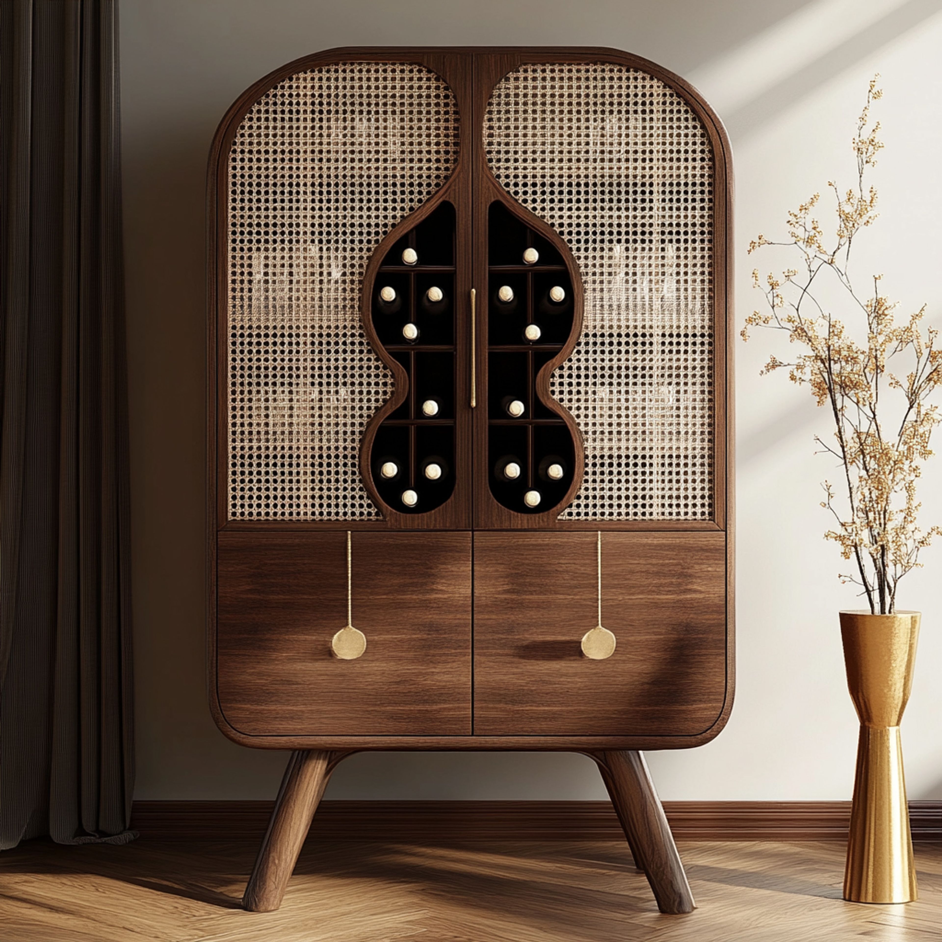 Mid-Century Modern Home Bar Design with Walnut and Cane Webbing