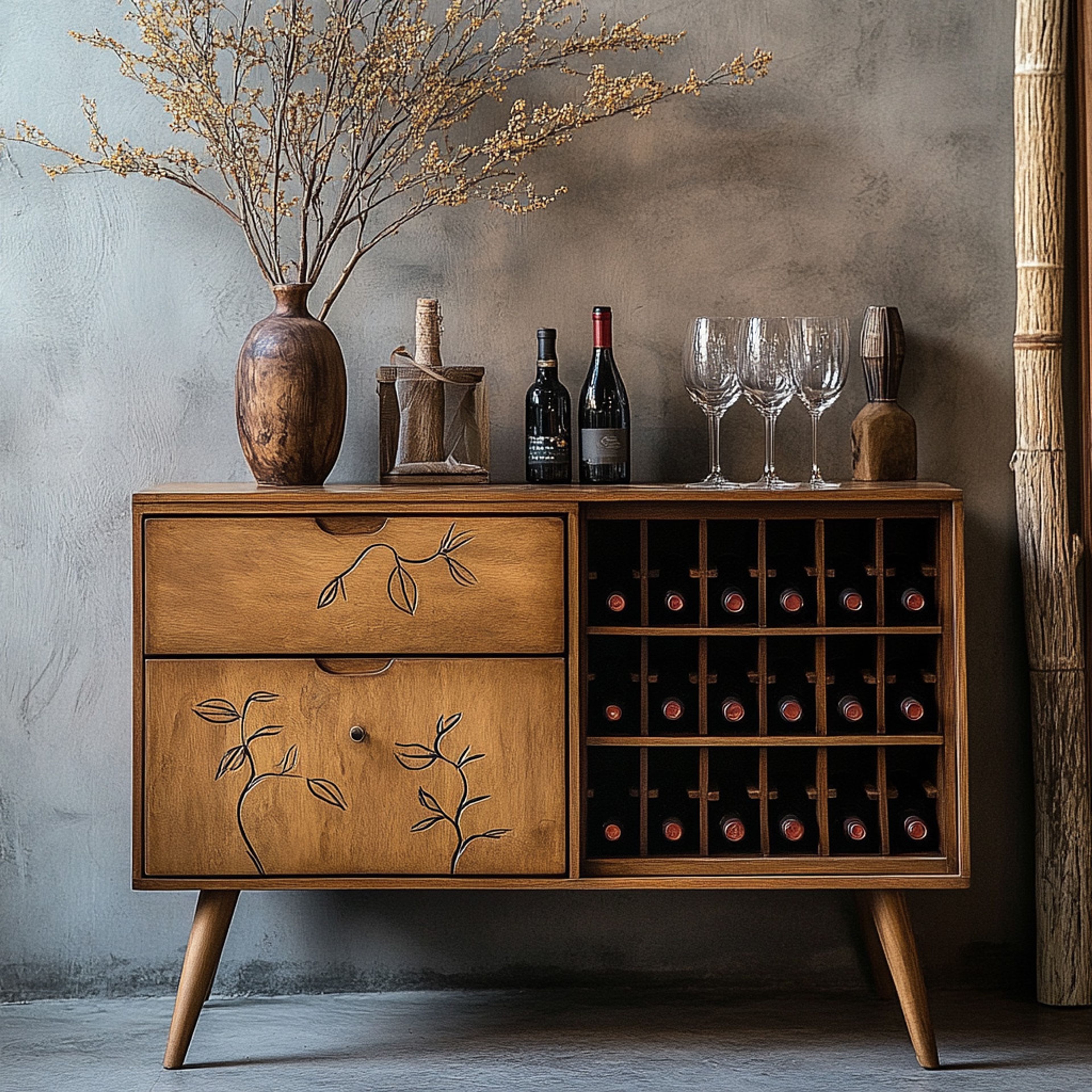 Mid-century Modern Home Bar Design with Floral Accents and Black Drawers