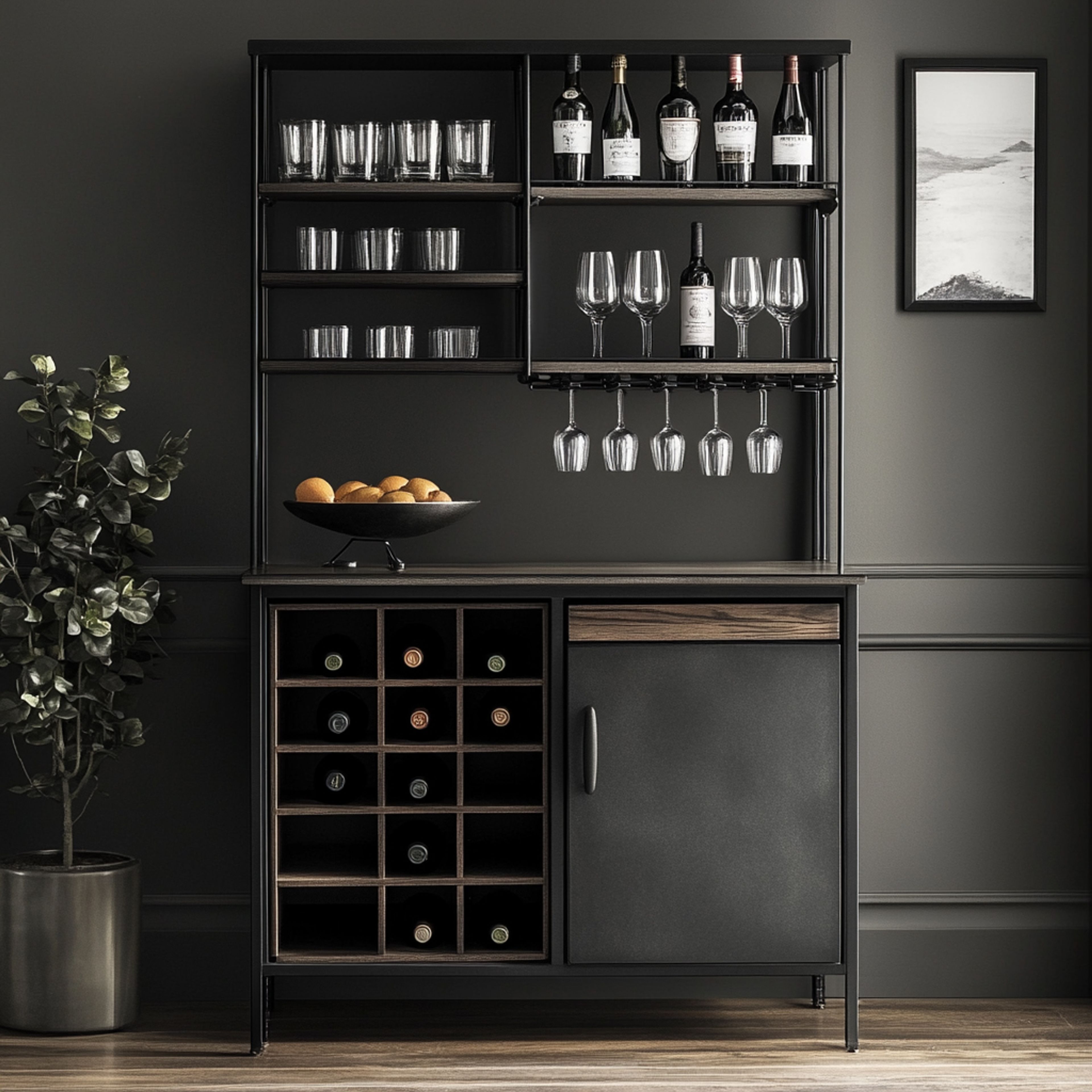 Industrial Home Bar Design with Black-Wood Finish