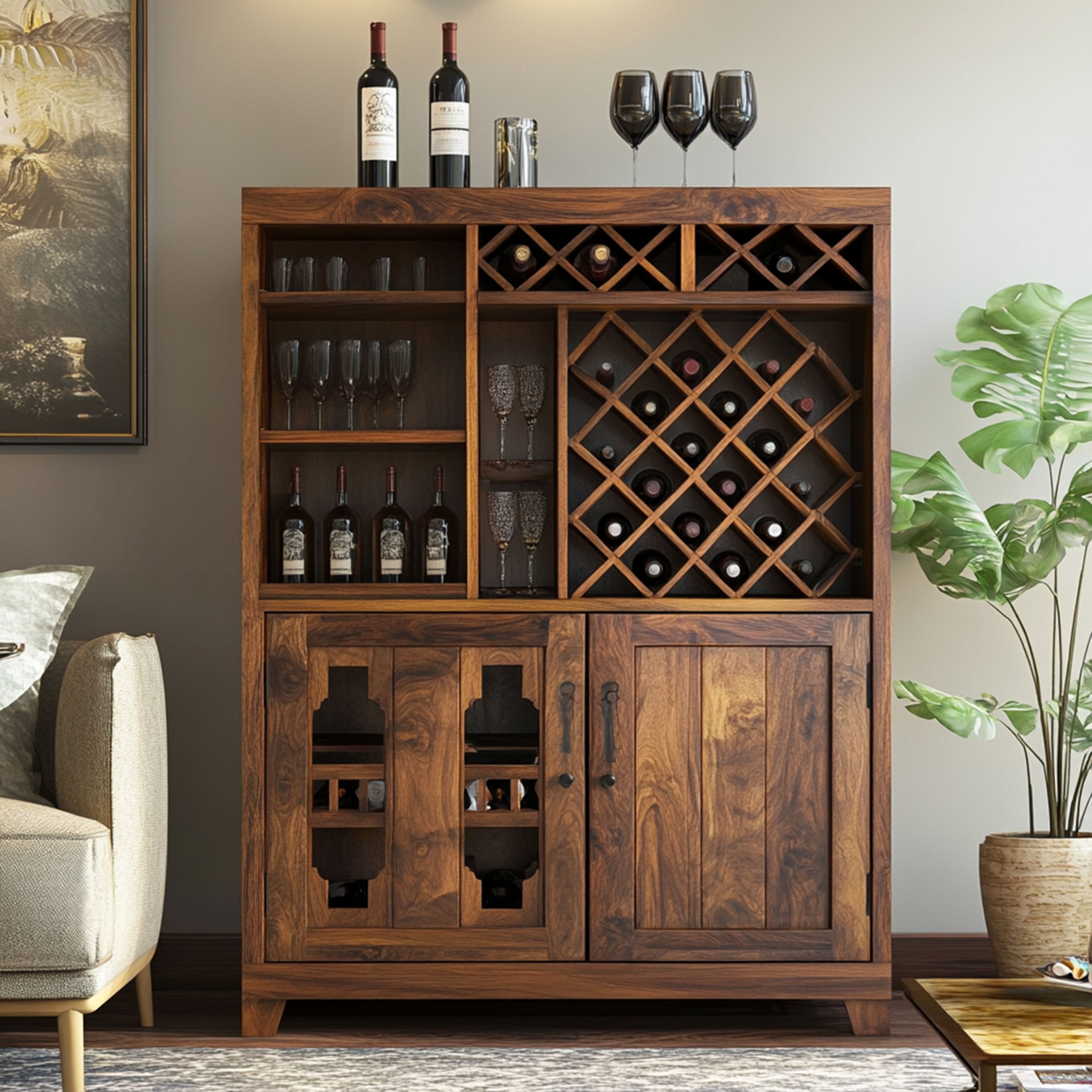 Rustic Wooden Home Bar Design with Wine Rack and Storage