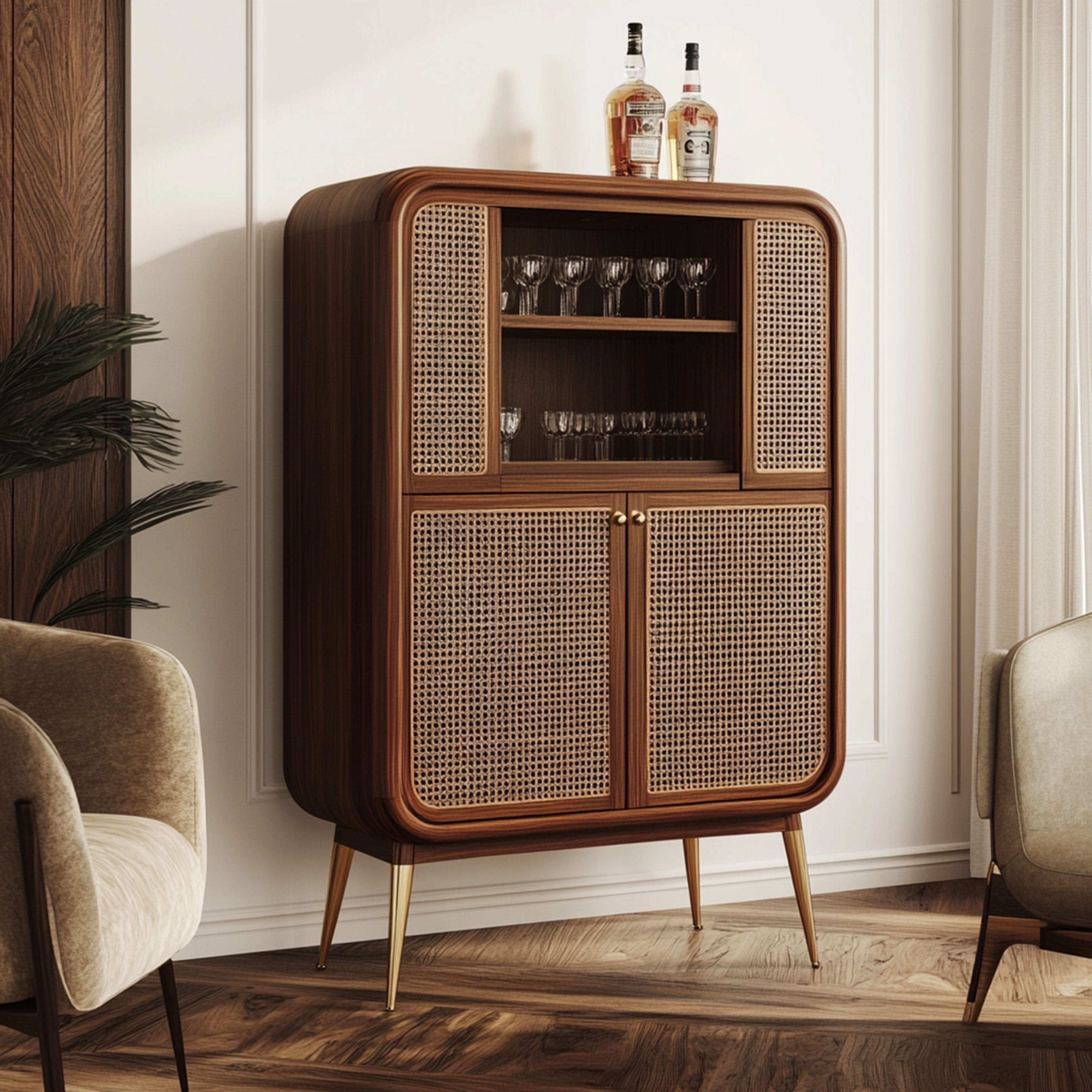 Mid-Century Modern Home Bar Design with Glass Holders and Cabinets